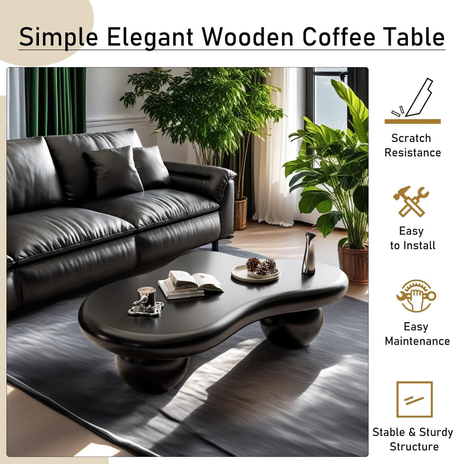 Drewniany minimalistyczny stolik kawowy, 3 nogi, nieregularny design, okrągły narożnik, stolik centralny do salonu, funky stolik pomocniczy, 100 cm, brązowe wykończenie