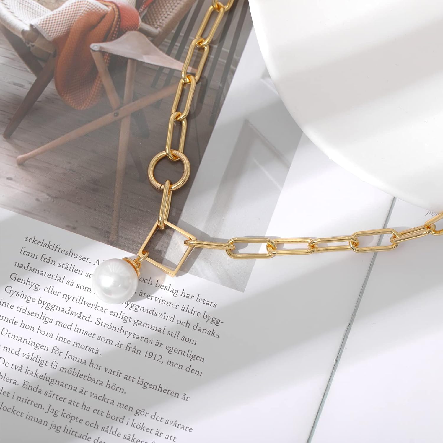 Mesovor Single Pearl Pendant Necklace for Women, 16K Gold Plated Paperclip Chain Necklace - Image 6