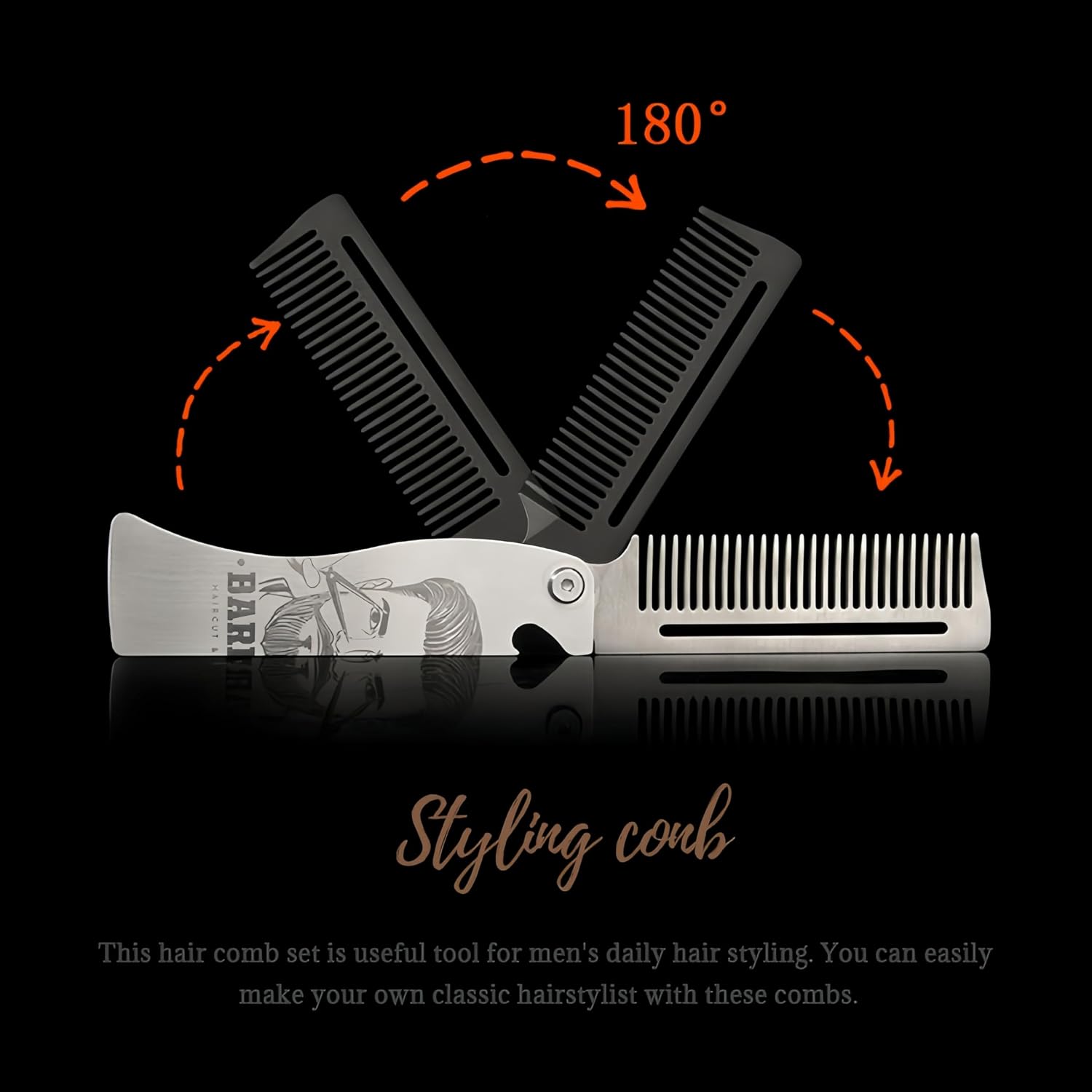 Metal Hair & Beard & Mustache Comb, Multifunctional Folding EDC Pocket Comb With Bottle Opener - Anti-Static for Travel and Everyday Grooming Styling - Silver
