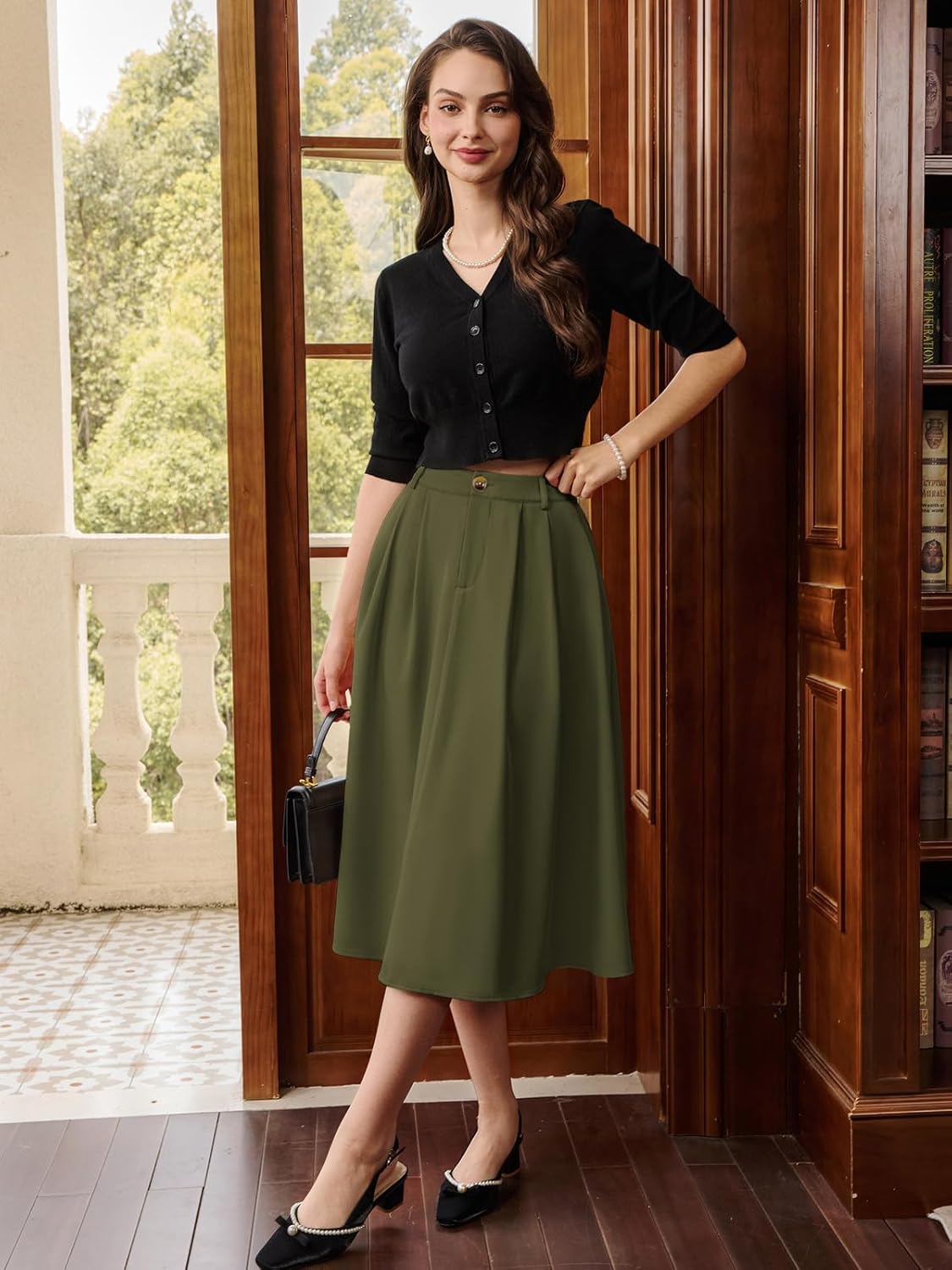 Belle Poque Women Vintage Pleated Skirt with Pockets A Line Midi High Elastic Waist Flared Skirt for Office Daily - Image 2
