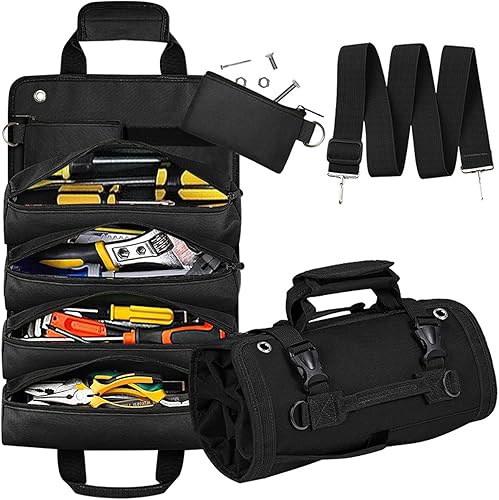 Bolsa organizadora de herramientas, organizador plegable de bolsas enrollables con 2 bolsas desmontables, organización de almacenamiento de