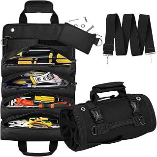 Tool Organizer Bag, Foldable Roll Up Bag Organizer w/ 2 Detachable Pouches, Heavy Duty Tool Storage Organization for Mechanic Carrying Toolbag, Dad Men Birthday Father Day, Gifts for Him (Black)