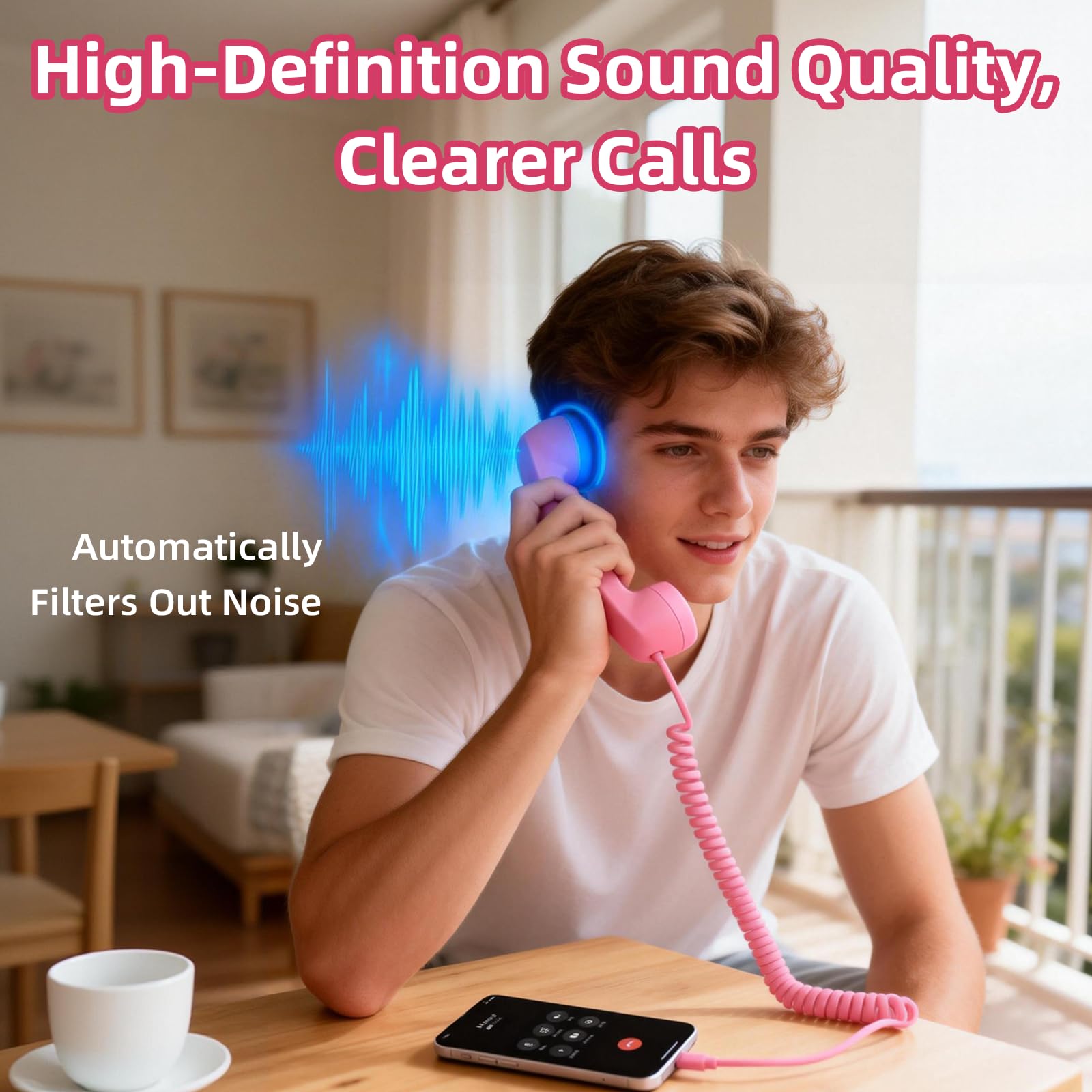 Retro Phone Handset for iPhone & Android, 2026 New Type-C Wired Receiver with Microphone & Speaker, Vintage Landline Style Handle for Noise Cancelling Calls, Meetings, and Home Office Desk Use (Pink) - 4