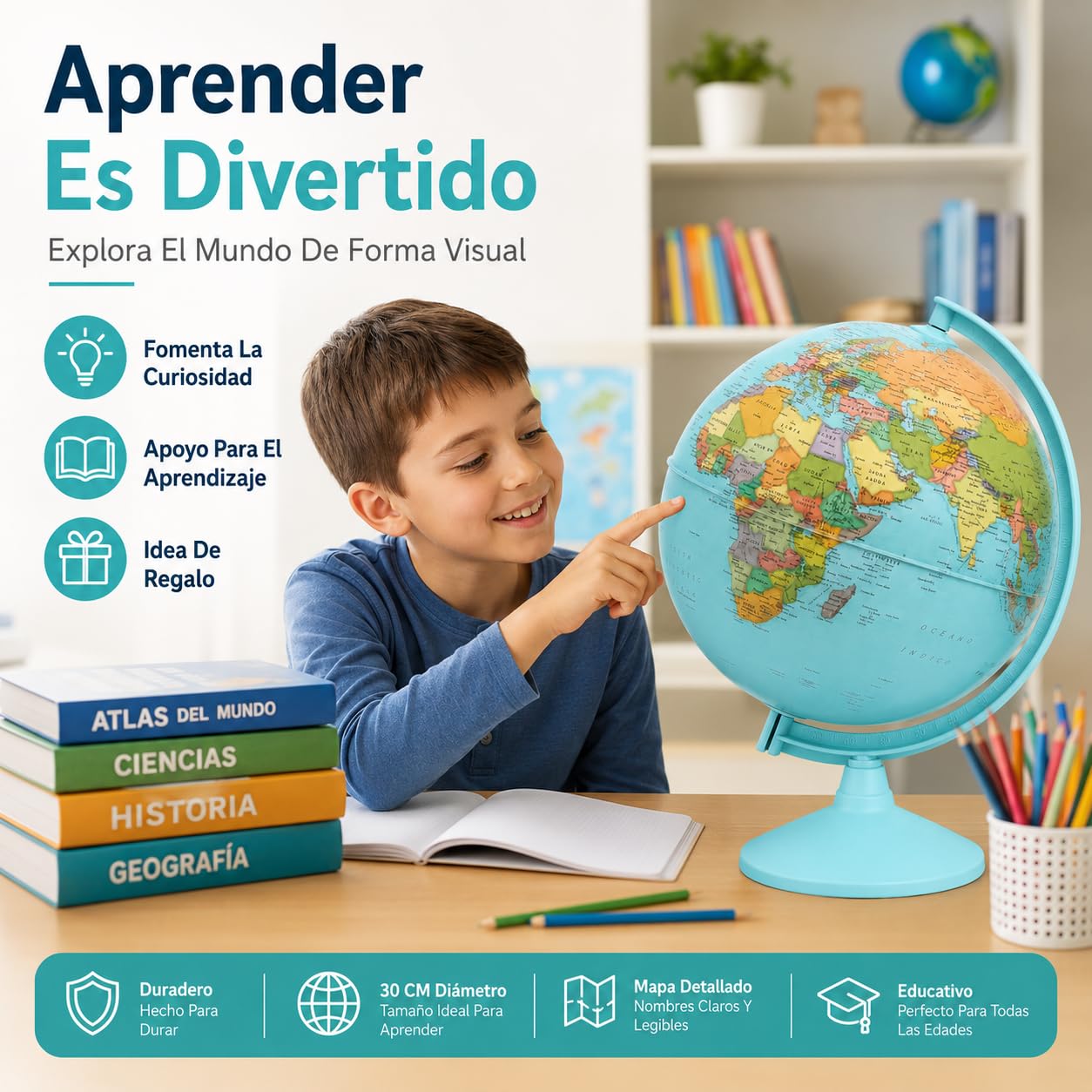 Globo Terráqueo 30 cm Mapa Español Azul Educativo Y Decorativo | Tamaño Grande Base Azul Mapa Político Claro Para Escritorio Aula Biblioteca Habitación Juvenil Y Regalo Educativo