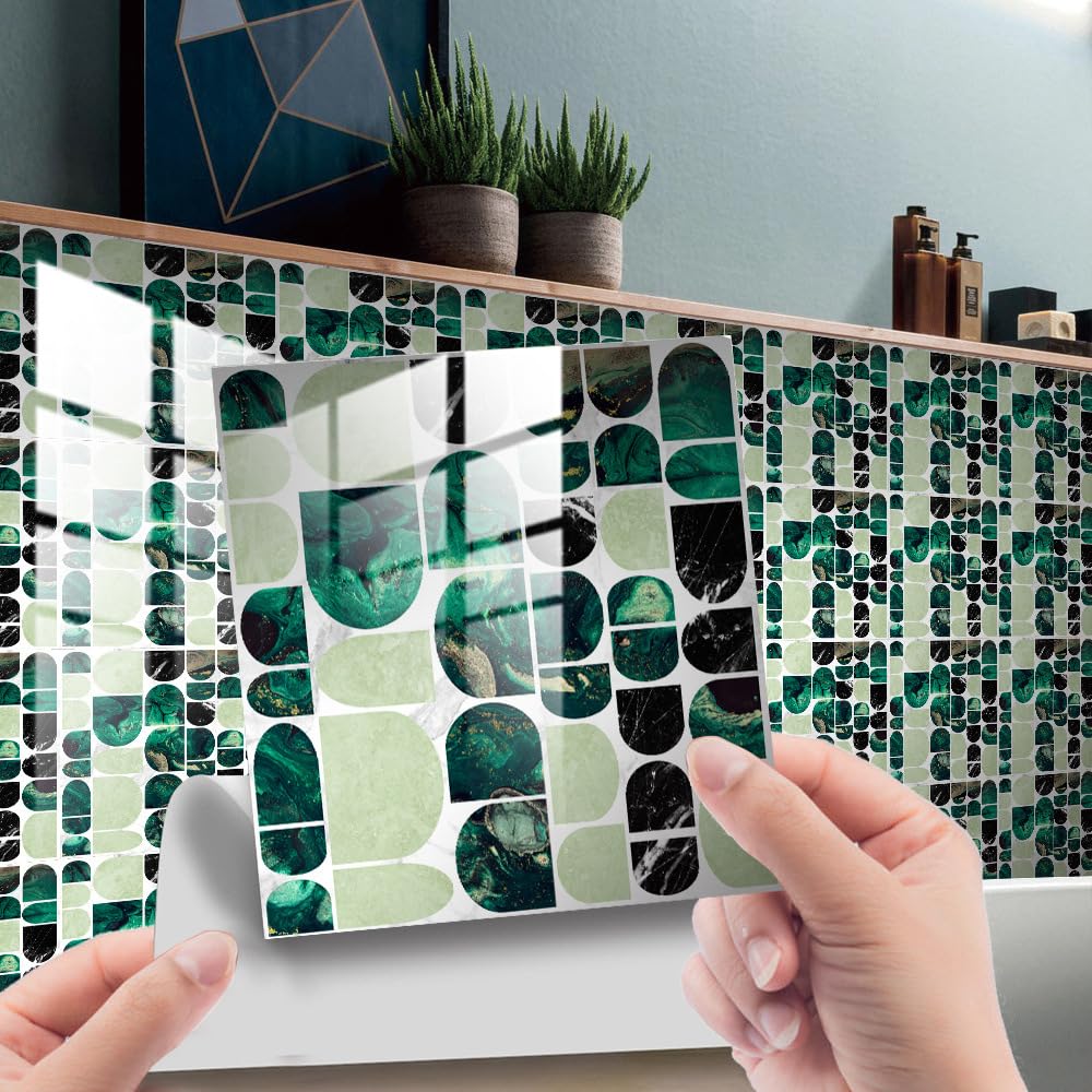LMYSXAOZ 20 PCS Tile Stickers Stick on Tiles, Self Adhesive Wall Tiles for Kitchen Bathroom, Oil Proof Peel and DIY Floor Semicircle Geometry (Turquoise,30x30cm)
