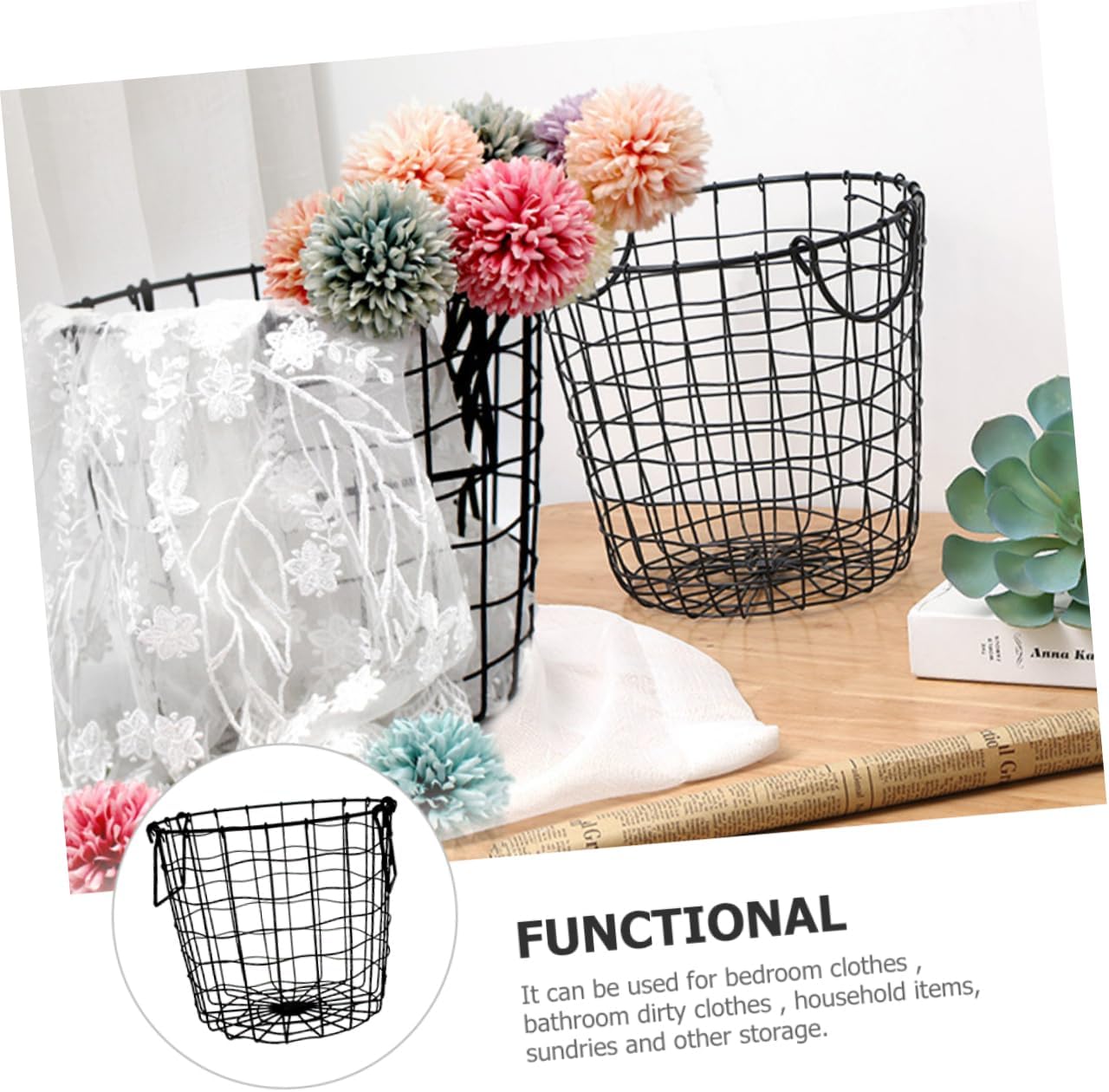 Iron Mesh Storage Basket with Handles for Dirty Clothes, Black