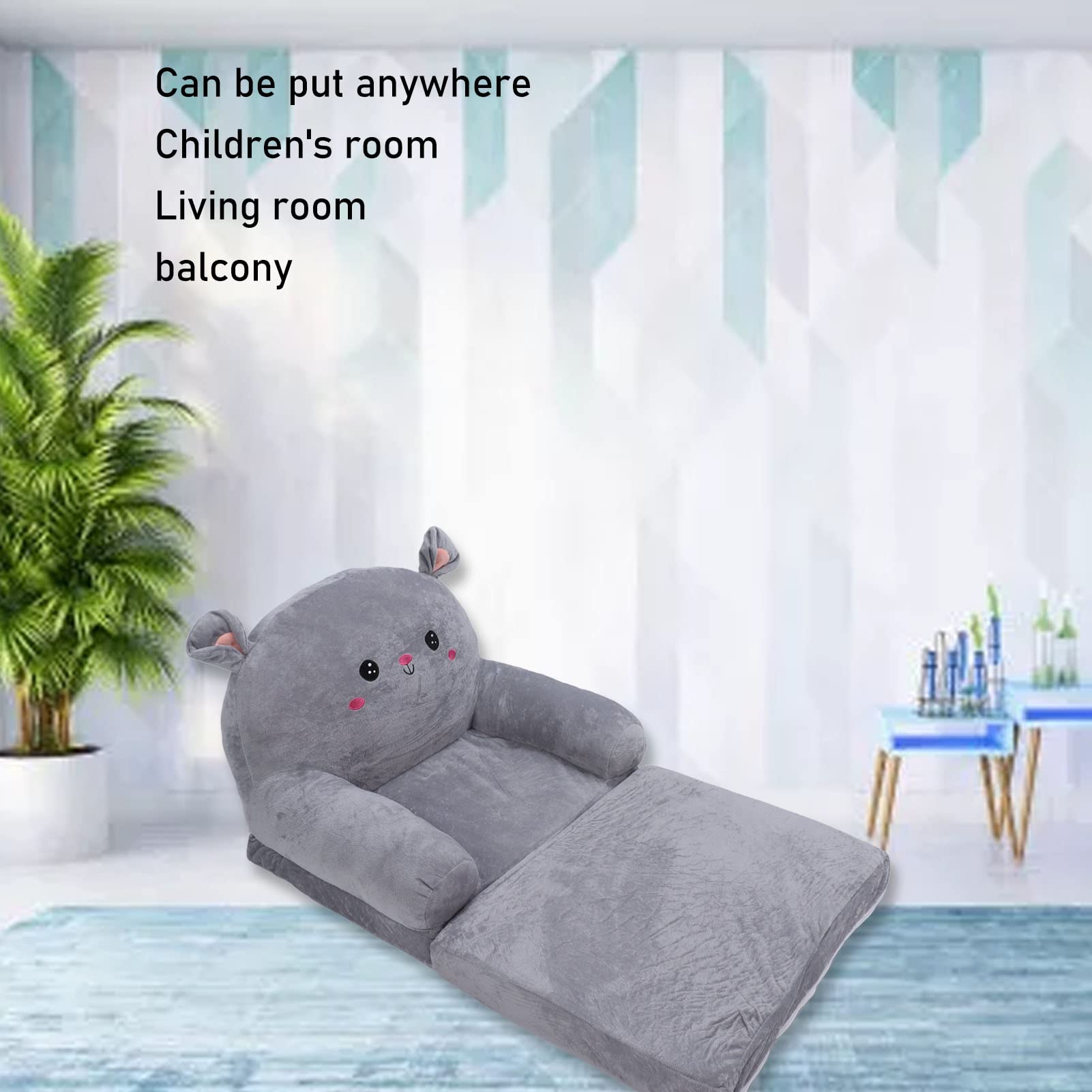 Pluche opvouwbare kinderbank rugleuning stoel 2-in-1 opvouwbare kindersofa schattige cartoon luie bank kinderen openklapbare slaapbank voor woonkamer slaapkamer zonder voering (blauw, eenheidsmaat