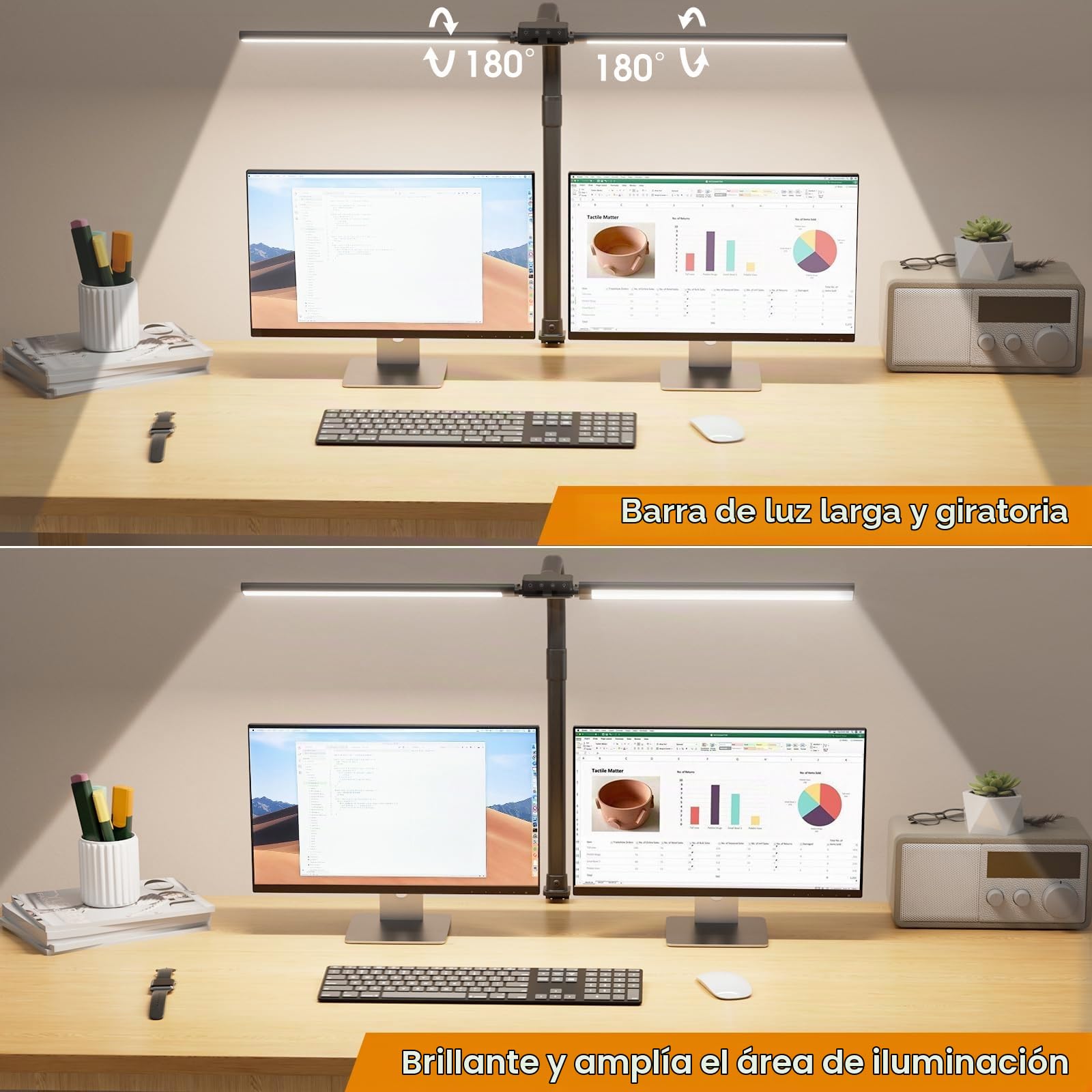 SIBRILLE Lampara Led Escritorio con Pinza, Lámpara De Escritorio Giratoria Para Ordenador Y Oficina En Casa, Lámpara De Escritorio Regulable Ajustable Con Cuello De Cisne, Doble Cabezal, Negro