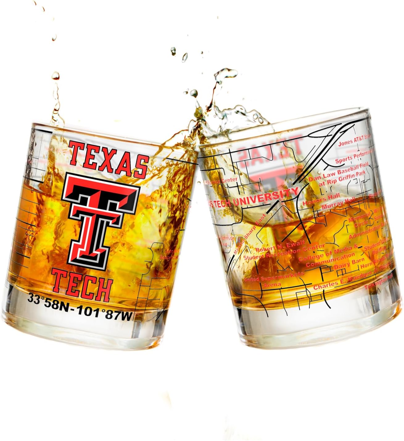 Greenline Goods  Texas Tech University Red Raiders College Whiskey Glasses (Set of 2), 10 oz  Full-Color Logo + Campus Map
