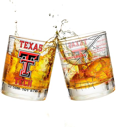 Greenline Goods Texas Tech University - Juego de vasos de whisky (2 vasos de bola baja), contiene el logotipo rojo Raider a todo color y mapa del