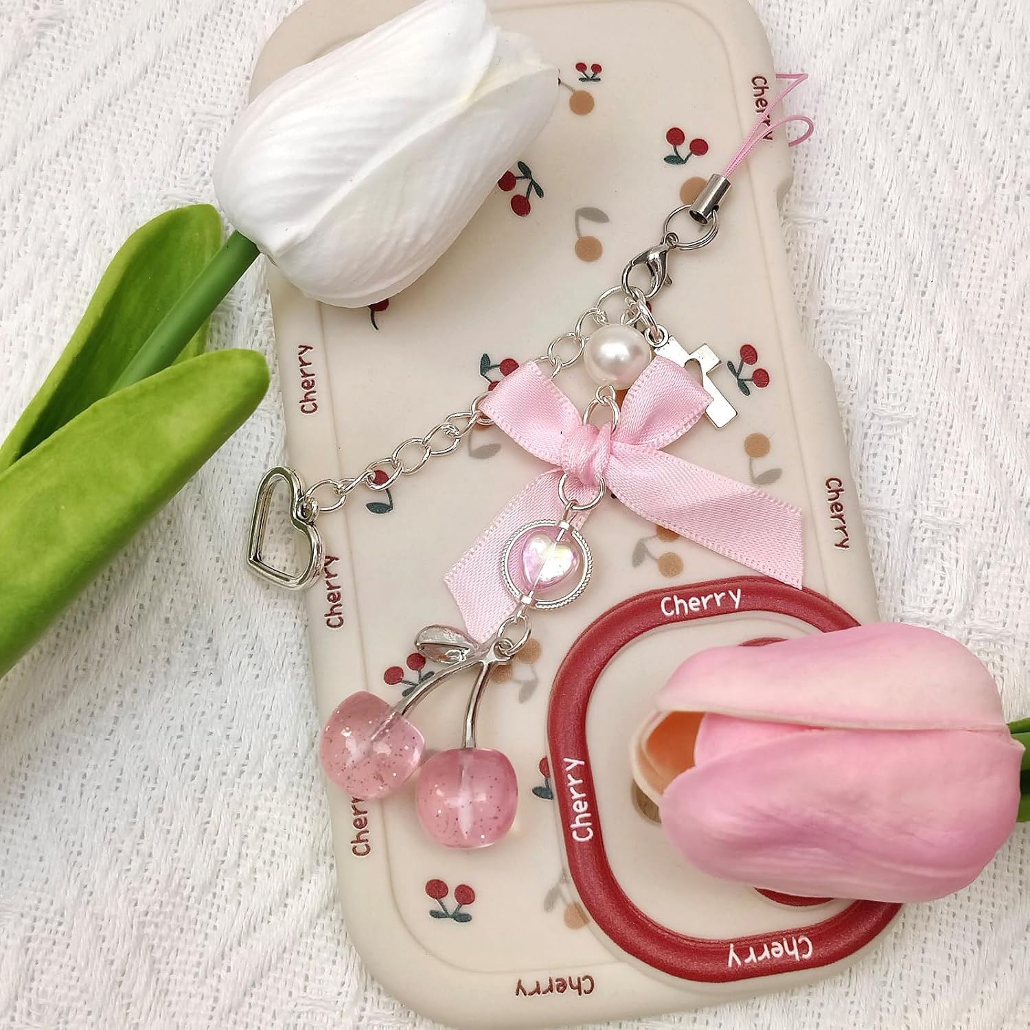 Phone Charms Strap Cute Cherry CellPhone Straps Aesthetic Pink Red Black BlueCherry Phone Chain for Camera Keychain Bag Pendant Decor Gift (Pink)