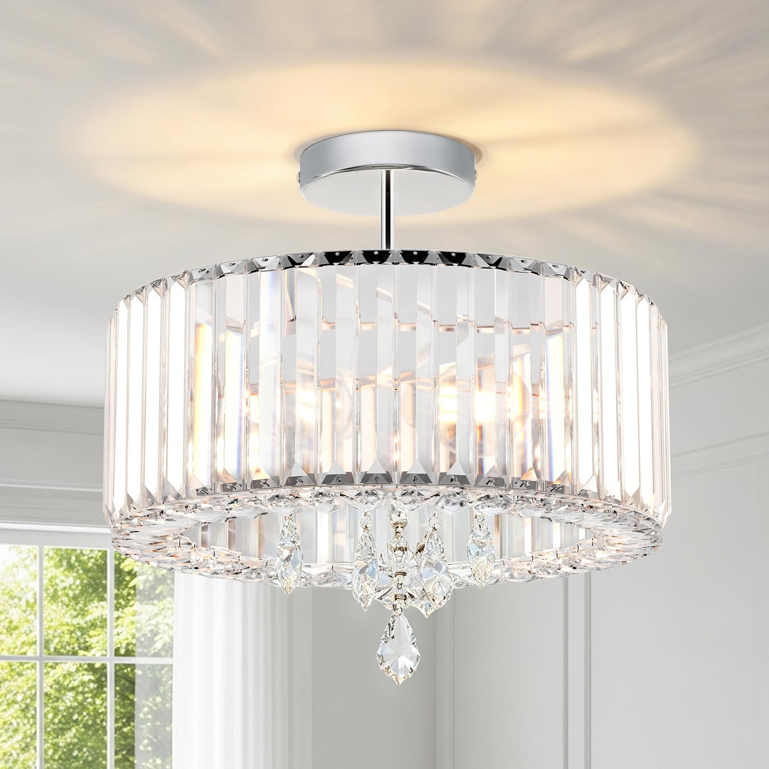 ANWIO Crystal Ceiling Lights,3-Light Modern Chandeliers Ceiling Lights Living Room,Round Semi Flush Mount Ceilings Light for Hallway,Bedroom,Kitchen,Bathroom,Dia 36.5cm,(E27 Base)