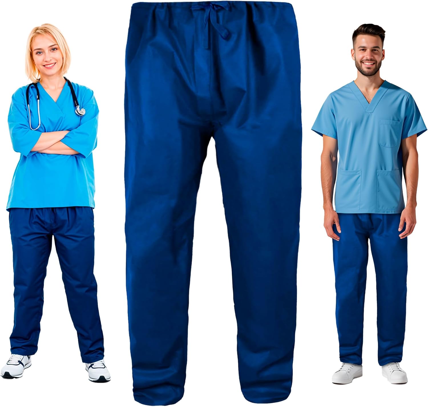 AMZ Medical Supply Disposable Scrub Pants, Dark Blue X-Large, Pack of 100, Polypropylene Unisex Pants with Drawstring Tie, Front and Back Pockets