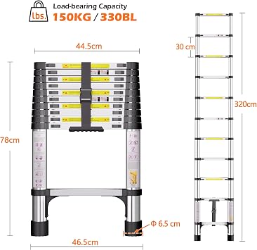 Telescopic Ladder, 3.2M Stainless Steel Ladders Extendable, Loft Ladder