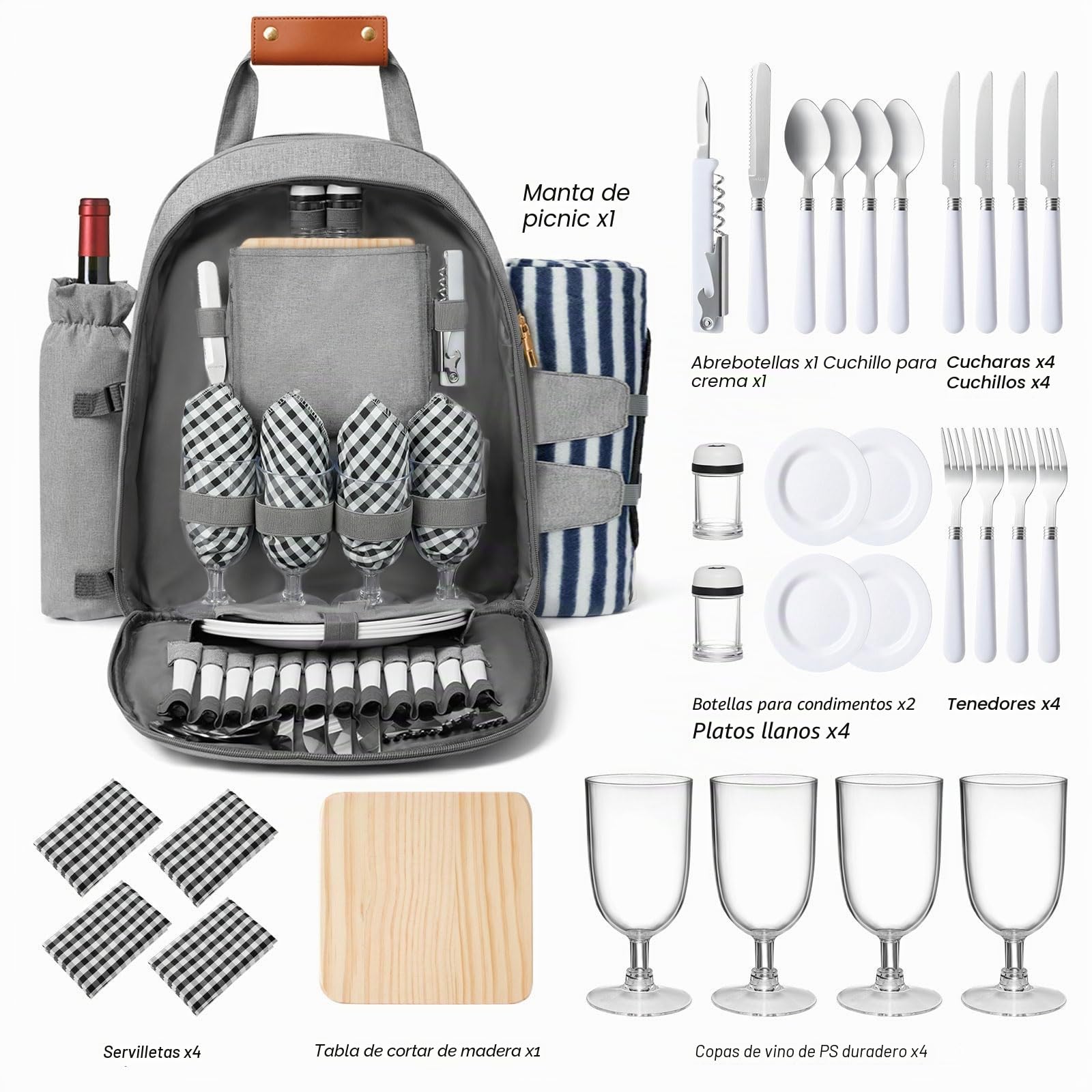 Mochila de Picnic para 4 Personas con Compartimento refrigerador y Soporte para Vino, Manta de Forro Polar, Juego de Cubiertos, para Camping, Playa, Viajes de un día, Senderismo, Accesorios