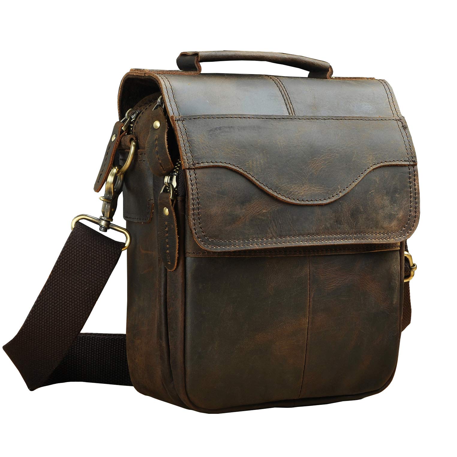 Le'aokuu Hombres Crazy Horse Piel Marrón Satchel Vintage Bolso cruzado Bolso bandolera Bolsa de mensajero 144 (144 A marrón)