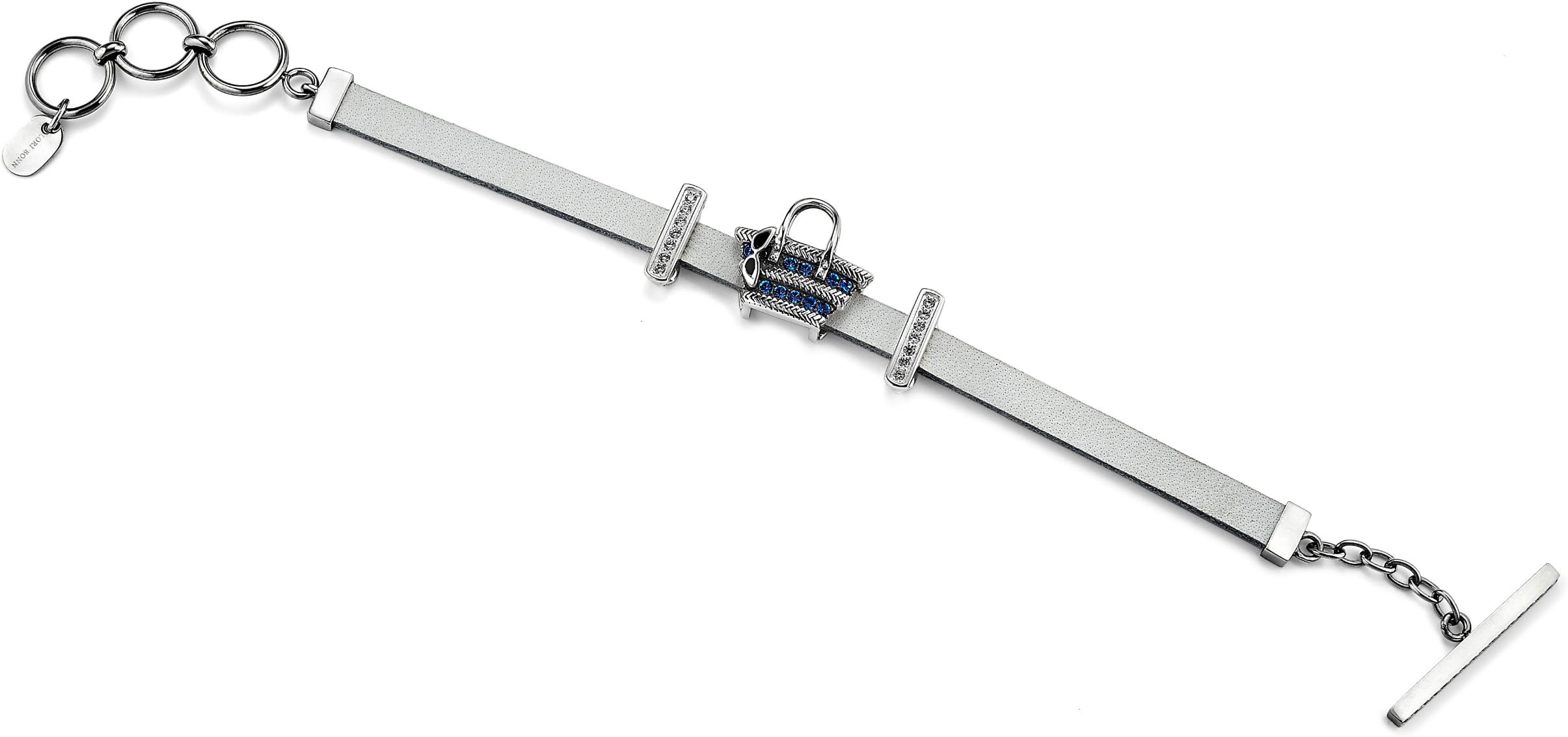 Lori Bonn "Tote-ally Beach Ready" Silver Leather Toggle Charm Bracelet With Beach Tote Charm