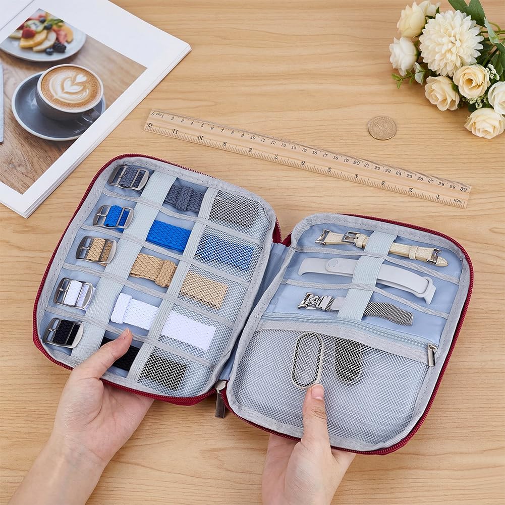 MAYJOYDIY Watch Band Zipper Bags Watch Band Storage Case for 8 Straps 8.3x6.3x1inch Waterproof Watchband Holder Portable Nylon Organizer for Bands Cables Earphones Travel and Daily Use, Red