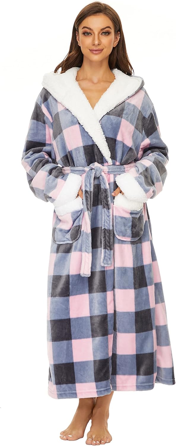 Devirld Plush Robes for Women, Womens Robe Long Fleece Fuzzy Bathrobe Hooded Warm Soft Fluffy Bathrobes - Image 3