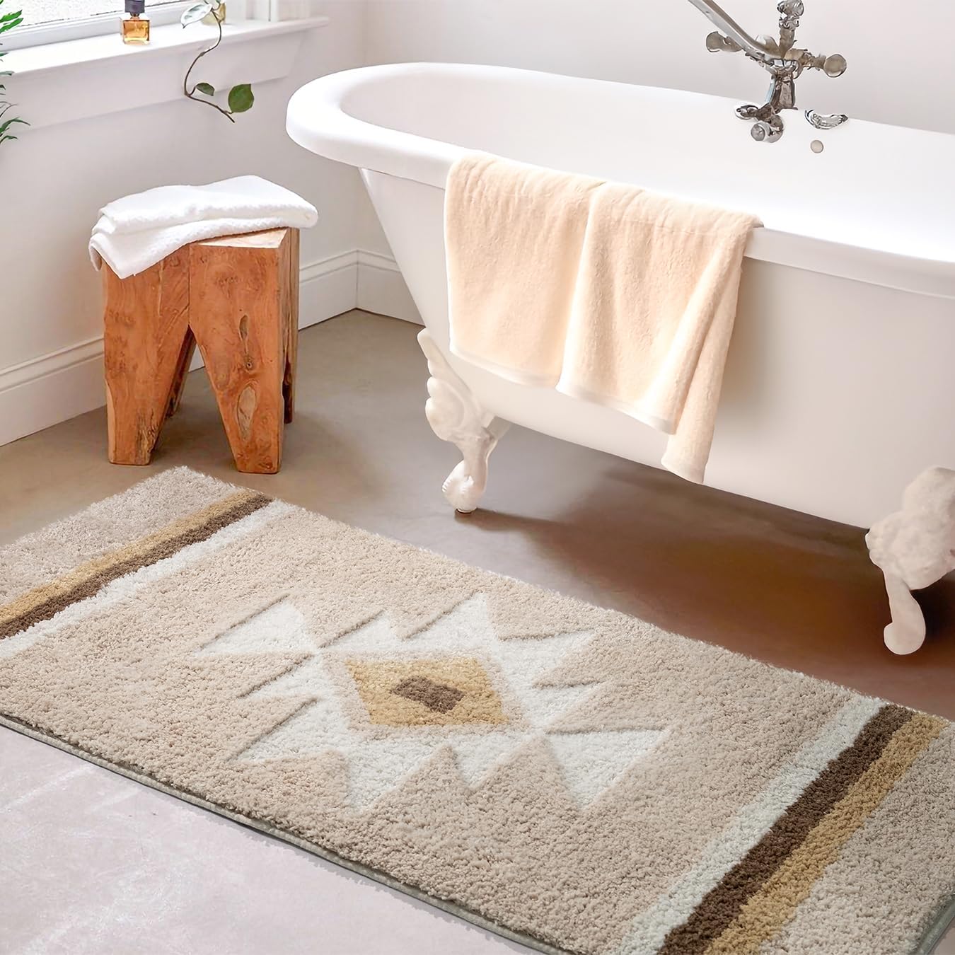 Boho Bathroom Rugs Runner Non Slip Bath Mat Shaggy Soft Absorbent Long Bath Rug Large Carpet for Bathroom Shower Entryway, Beige 24x47