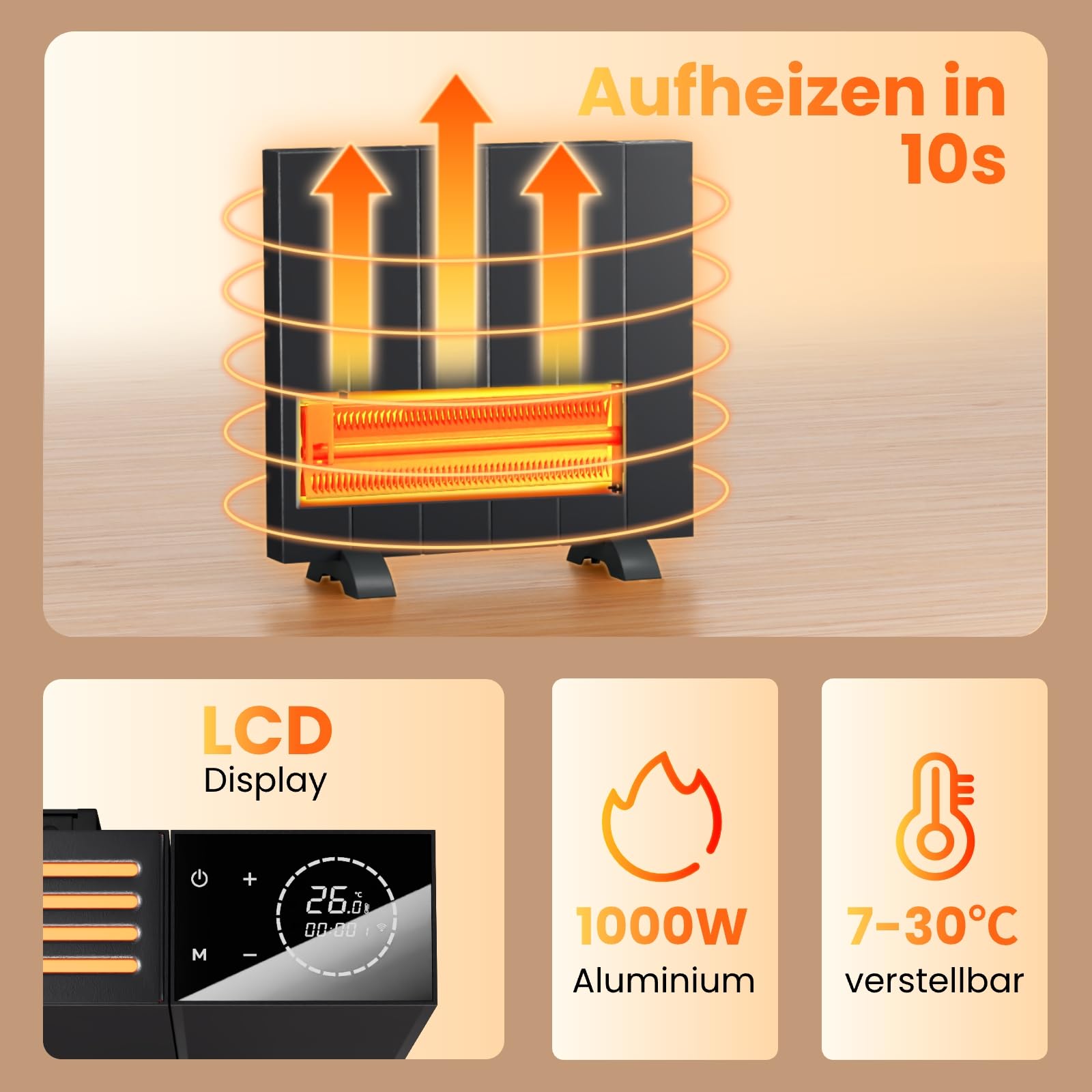EMKE Calefacción eléctrica, convector eléctrico montado en pared o dispositivo de pie, radiador eléctrico APP función WiFi | pantalla LCD | temporizador programable | antracita | 1000 W