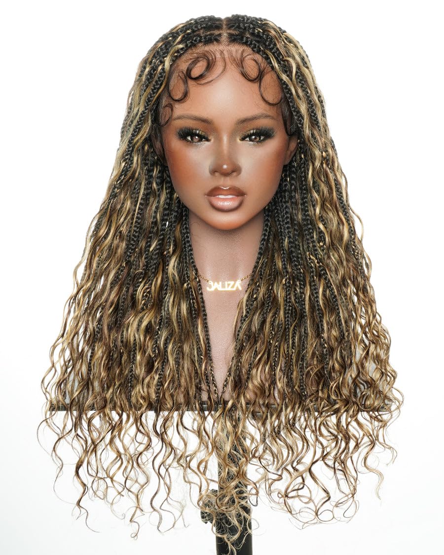 JALIZA 24" Pre-Cut Full HD Lace Boho Box Braided Wigs for Black Women - Piano 4/27, 100 Strands Synthetic Braids with Human Hair Curls - Glueless Hand-Tied Pre-