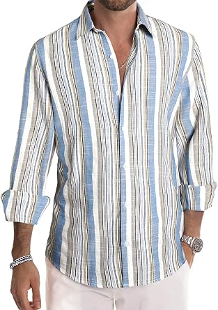 JMIERR Mens Linen Shirts Long Sleeve Button Down Striped Shirts | Cotton,Casual,Beach Holiday Vacation Dress Shirt,Office,Machine Wash,England,Loose Fit,Men's Fashion