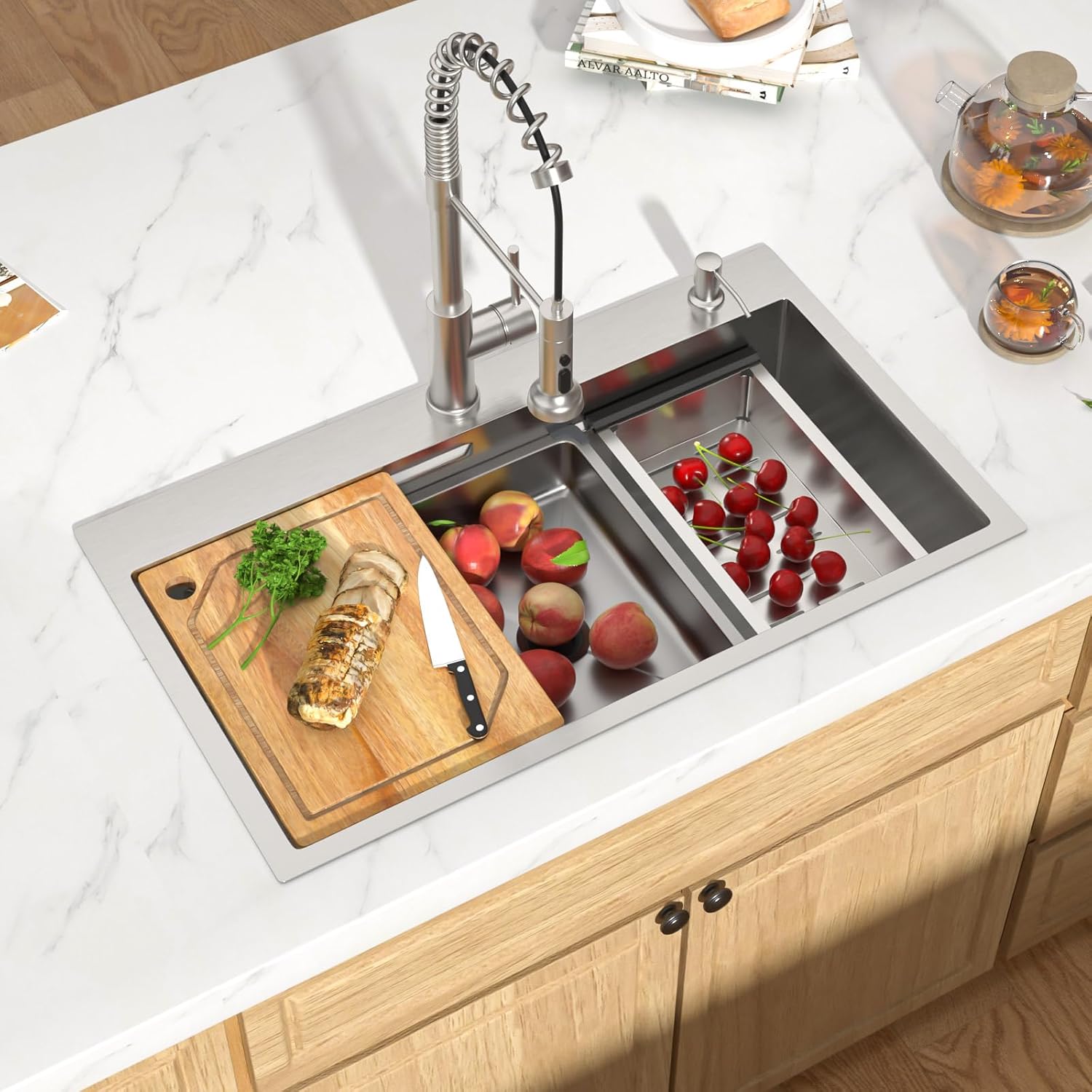 33×19 Drop In Kitchen Sink – Workstation All-In One 16 Gauge 304 Stainless Steel Single Bowl Topmount Sink with Cutting Board, Colander, Wash Basin, and Drying Rack #TLT-0042