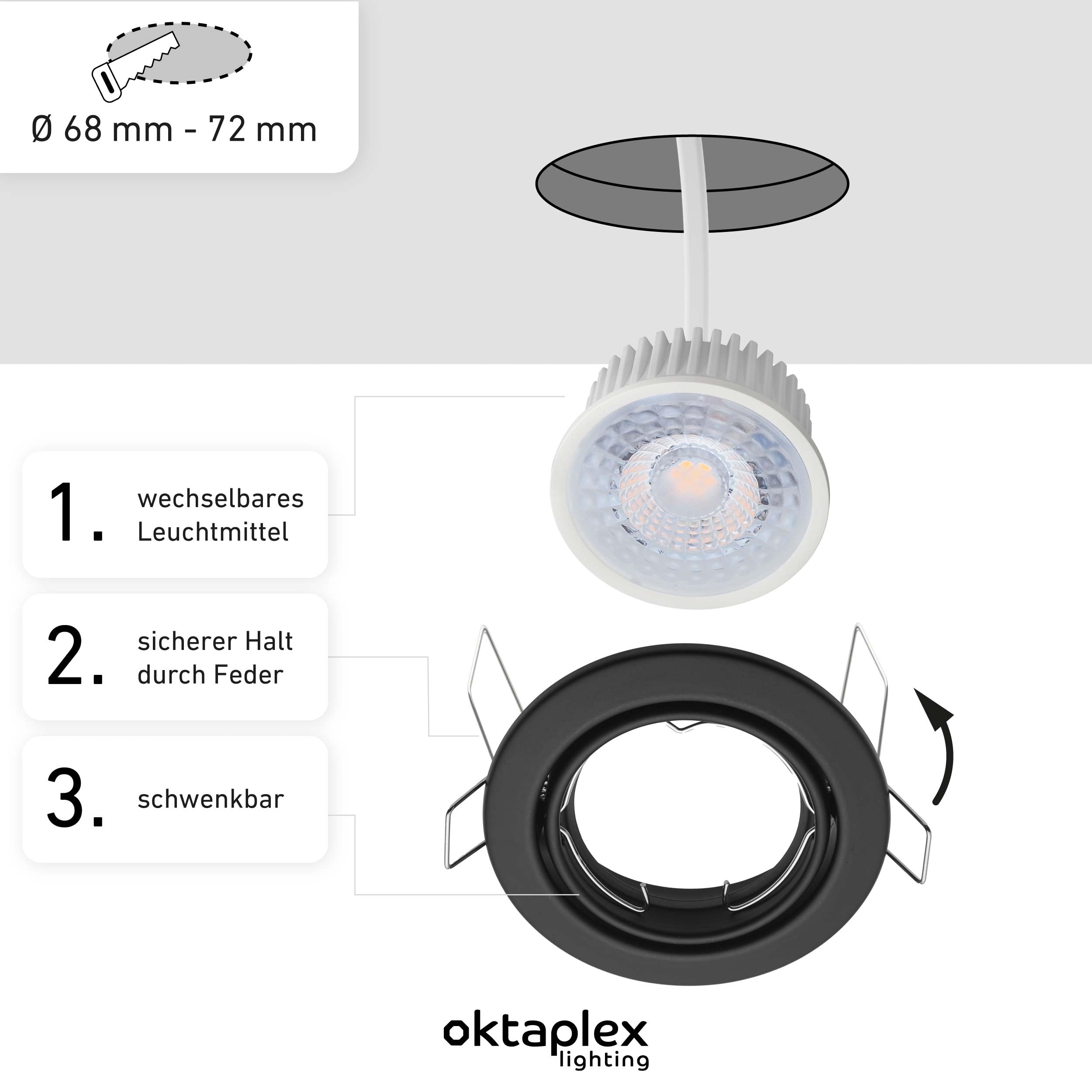 Oktaplex 6x Dijon Einbaustrahler LED 230V dimmbar Schwenkbar ultra flach | 22mm Einbautiefe, 3000K Warmweiß, Lochmaß 68mm, 5W, 380lm, 110° Deckenspots Schwarz