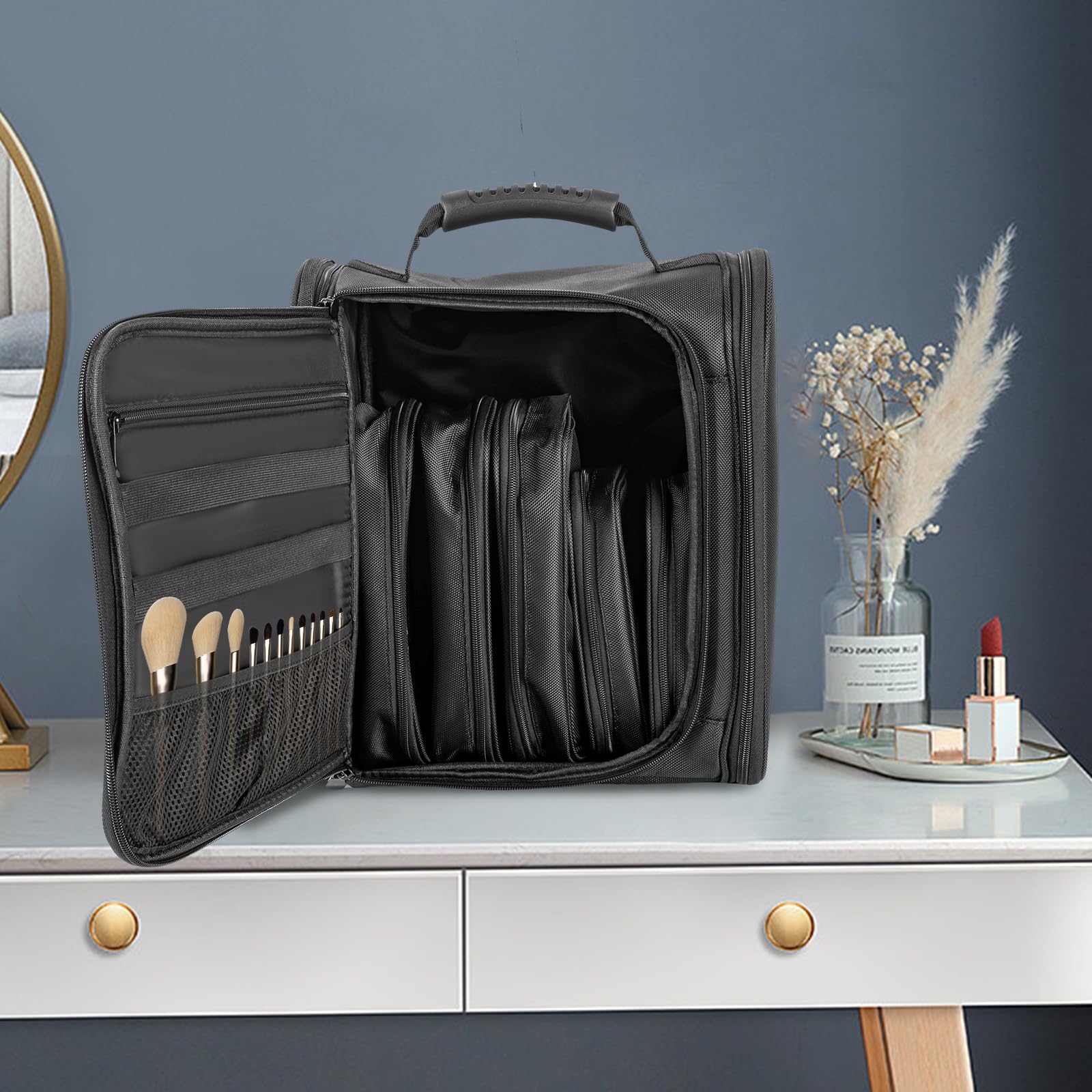 Bolsa de cosméticos profesional de nailon negro, bolsa de maquillaje con bolsas de almacenamiento transparentes para cosméticos, mochilas de viaje, para viajes, gimnasio, camping, uso familiar 32 x 18