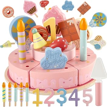 HERSITY Wooden Birthday Cake Play Set, Wooden Food for Play Kitchen Toy Tea Sets for Toddlers 3-5, Kids Pretend Cake with Candles 4 5 Year Old Girls Boys Gifts