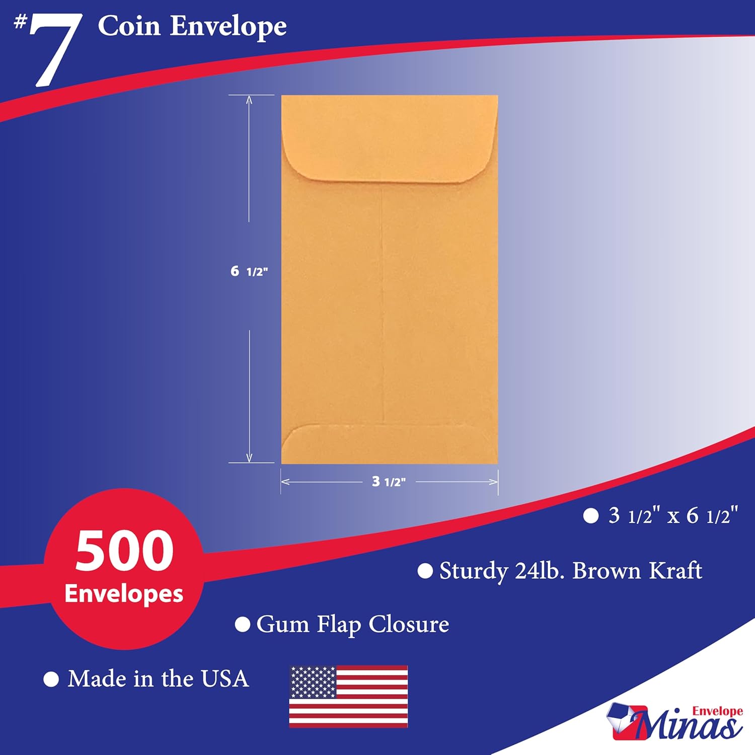 500 Minas Envelope - #7 Coin and Cash Envelopes, 24lb Kraft Paper, 3.5 x 6.5 Inches, 500 Count, Gummed Flap, for Storage, Jewelry and Small Parts, 500 Count