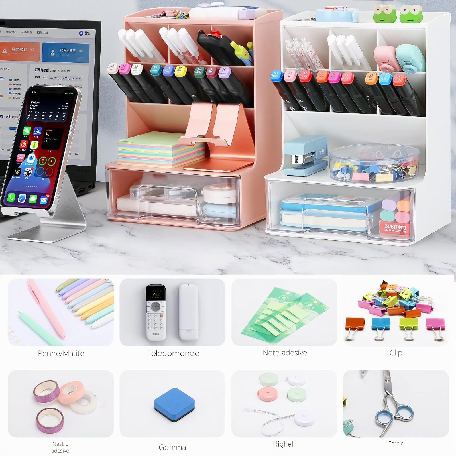 Portapenne da Scrivania Multifunzionale Organizer da Scrivania con Cassetti Portamatite da Scrivania con 6 Scomparti Organizzatore per Cancelleria in Plastica per Ufficio Scuola Casa (Rosa 2)