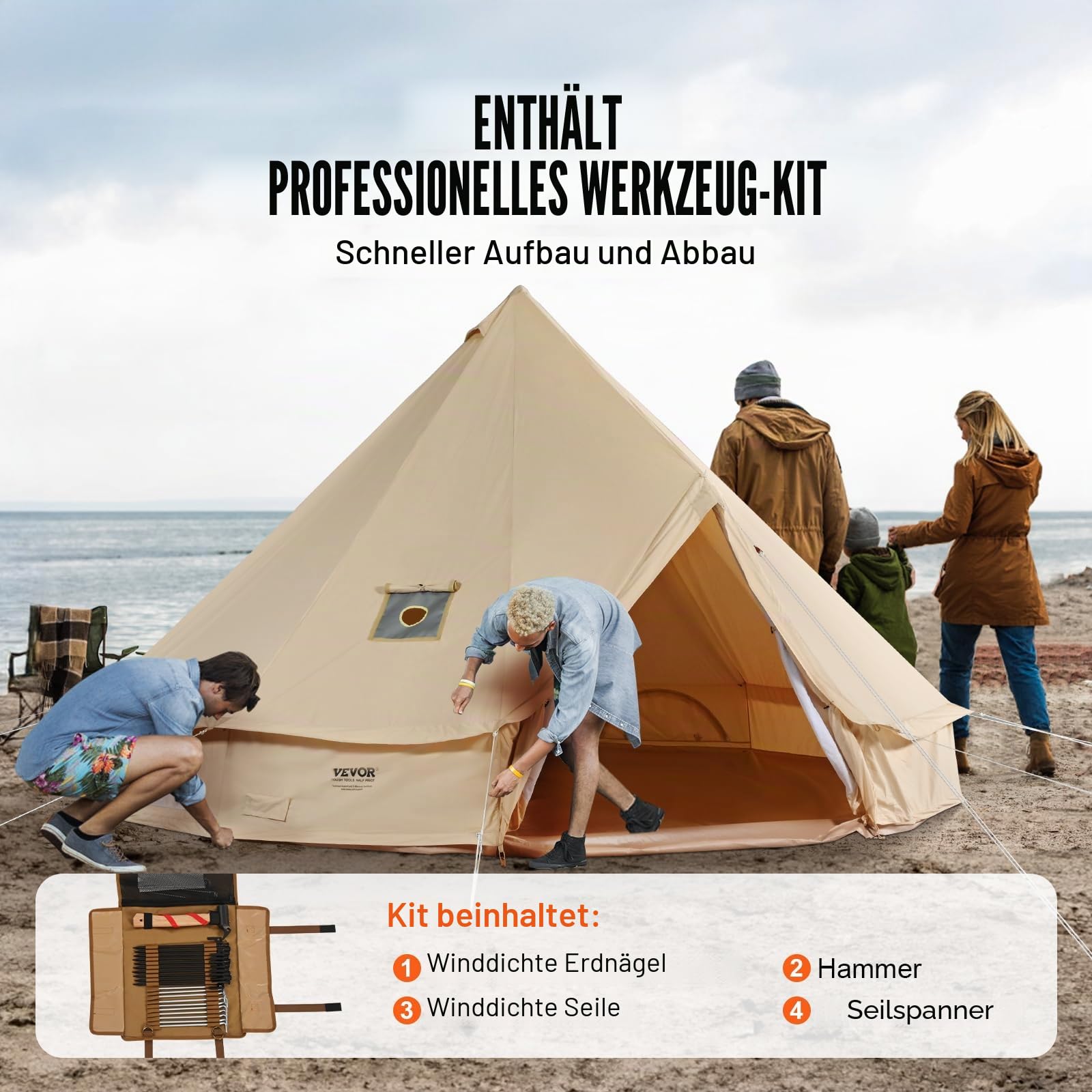 VEVOR Zeltglocke aus Segeltuch, Jurte 4 Jahreszeiten für Camping mit Herdwagenheber, atmungsaktiv hält bis zu 4 Personen, Familiencamping Outdoor Jagd Party