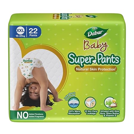 Dabur Baby Super Pants - XXL (22 pieces) | 15-25 kg | Baby Wipes Infused with Shea Butter & Vitamin E | Insta-Absorb Technology | Natural Skin Protection | NO Added Parabens & Fragrances