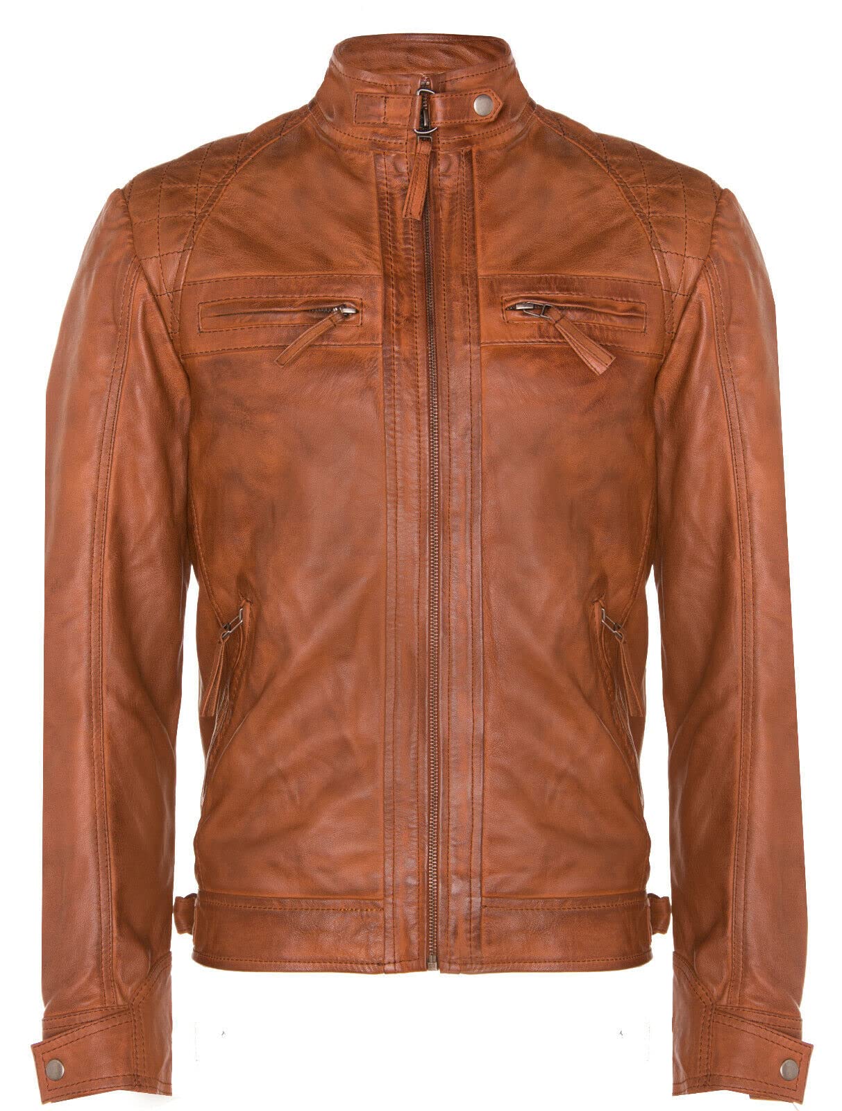 Infinity Leather Men's Tan Vintage Leather Retro Jacket Classic Racing Quilted Biker Moto Fashion Jacket 5XL