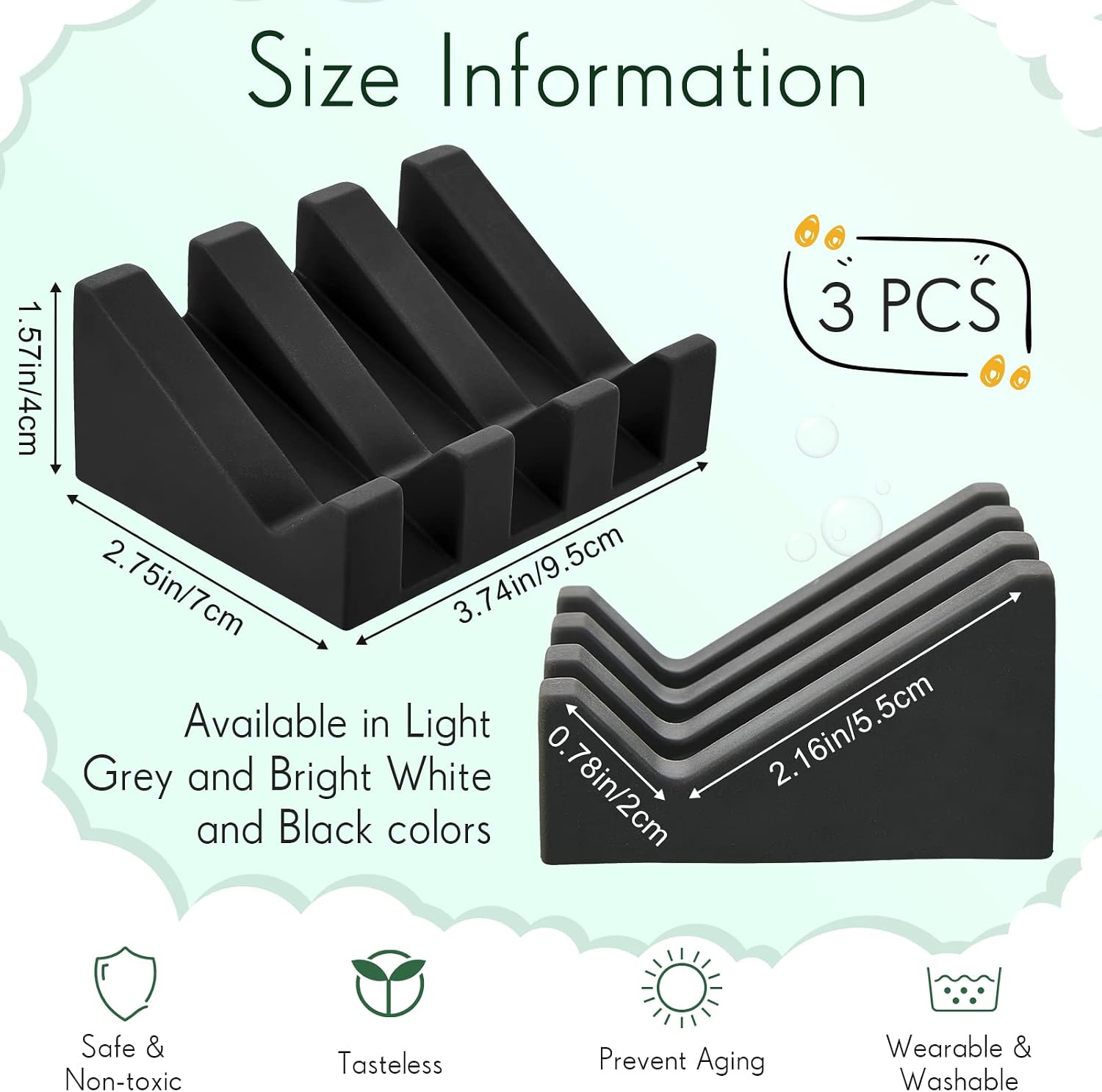 Cunhill 3 Pieces Soap Dish, Silicone, Light Gray, Bright White, Black image 2