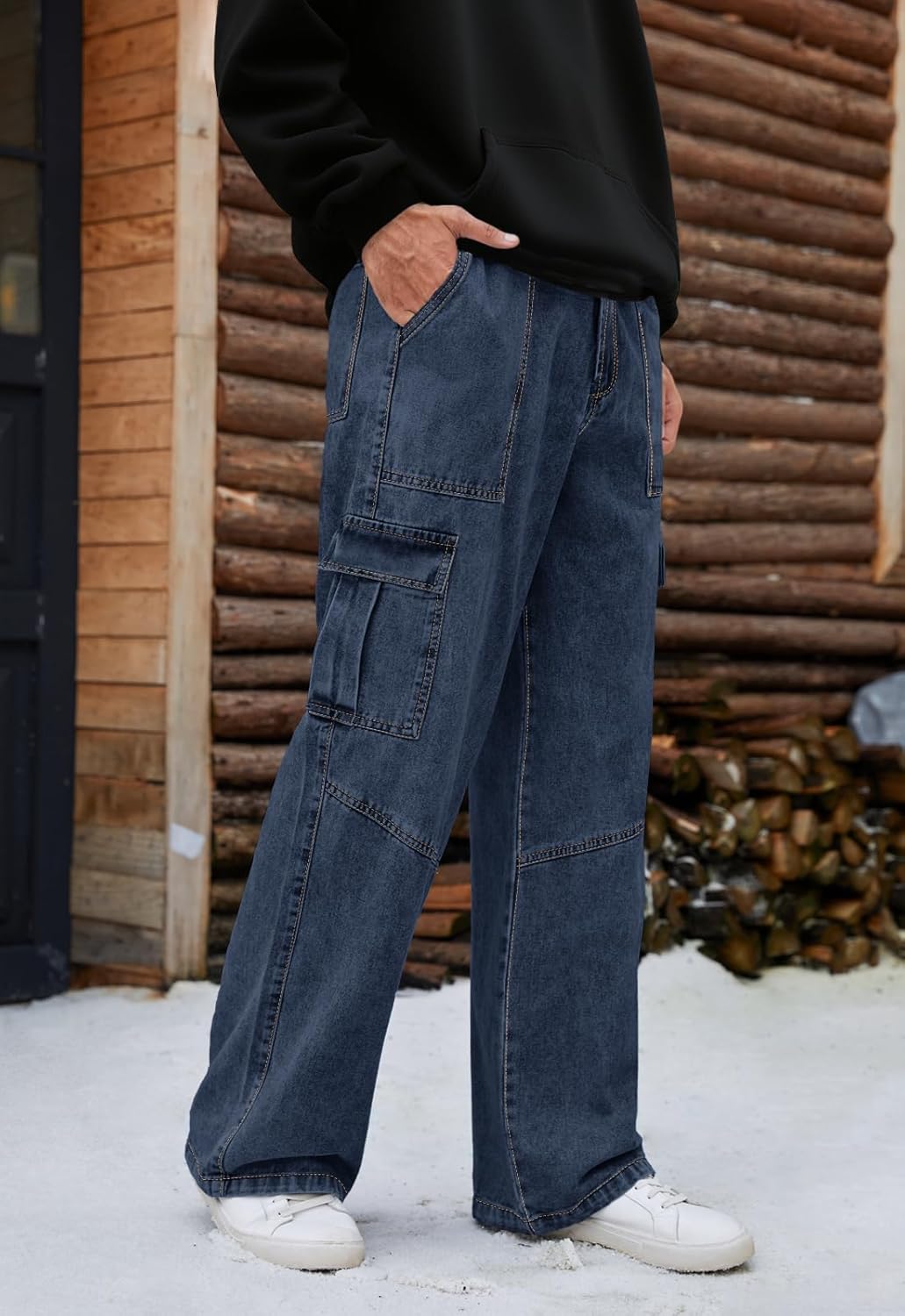 Mens Baggy Cargo Jeans Wide Leg Elastic Waist Jean Loose Fit Casual Denim Utility Pants Streetwear - Image 4