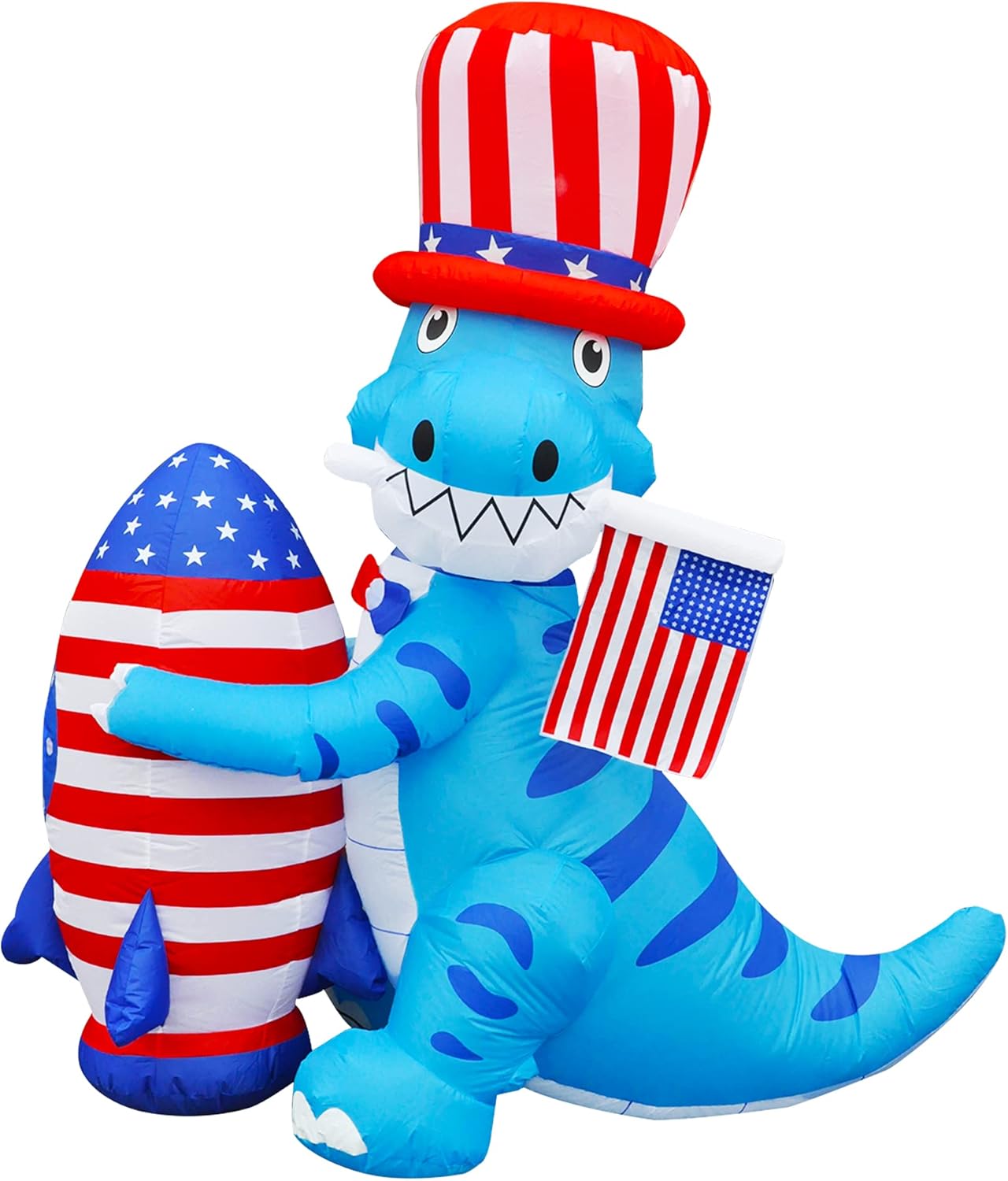 BLOWOUT FUN 5ft 4th of July Independent Dinosaur with Rocket and America Flag Decoration LED Blow Up Lighted Decor Indoor Outdoor Holiday Art Decor Decorations: Garden & Outdoor