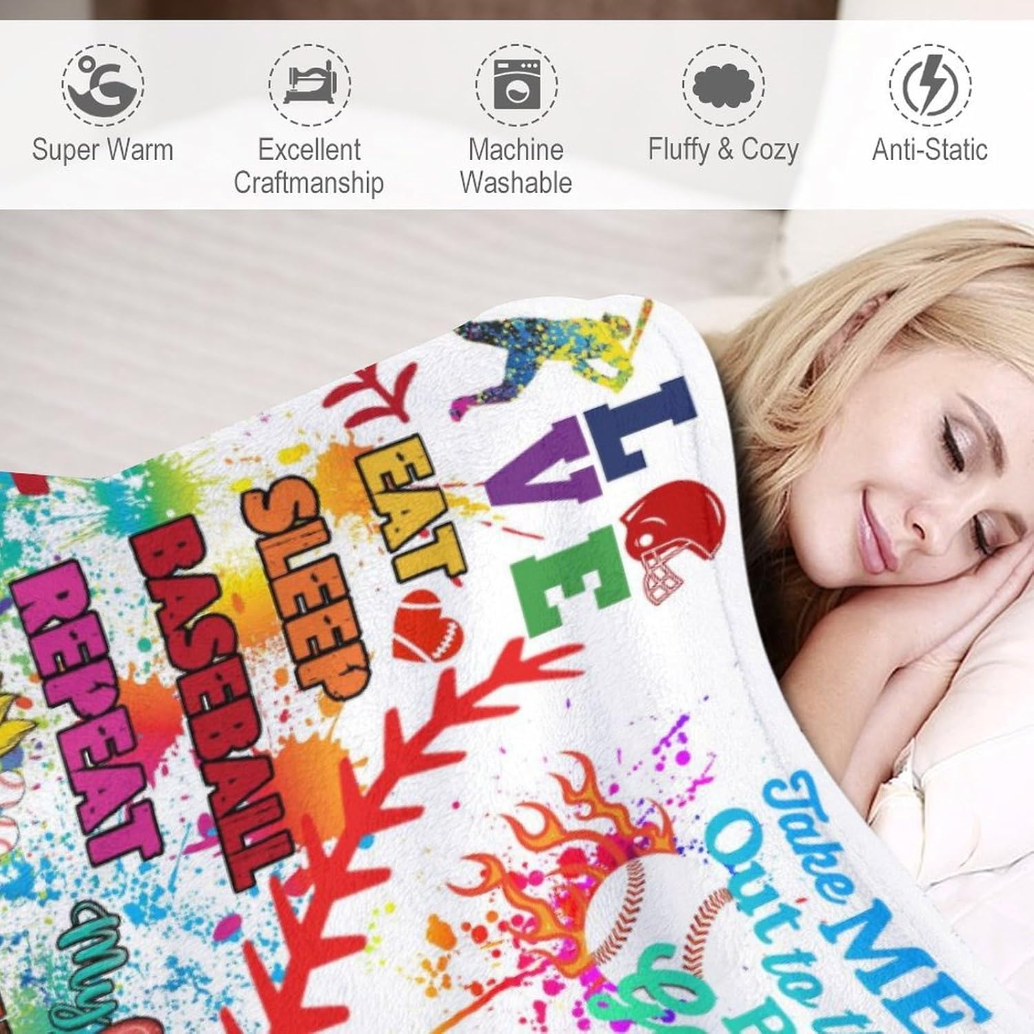 Baseball Blanket, Baseball Gifts for Boys Girls Ultra Lightweight Soft Plush Flannel Letter Printed Throws Blanket for Sofa Bed Couch Throw 60"X50" M6 - Image 5