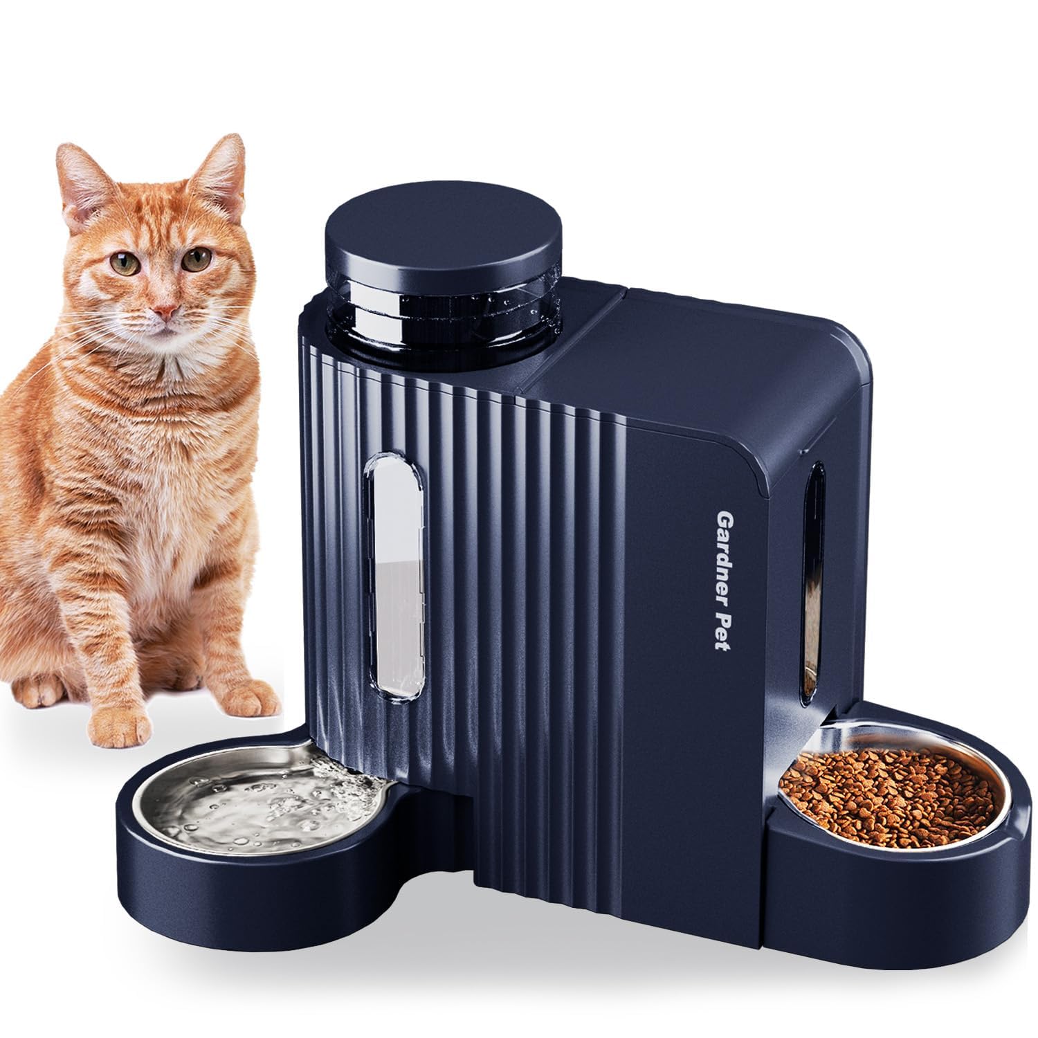 Gardner Pet 2 in 1 Distributore Automatico Cibo e Acqua Gatti (3L*2), Distributore Automatico Cibo Gatti con Ciotola in Acciaio Inox, GravitÀ Dispenser Crocchette Gatto, Senza BPA, Blu Scuro