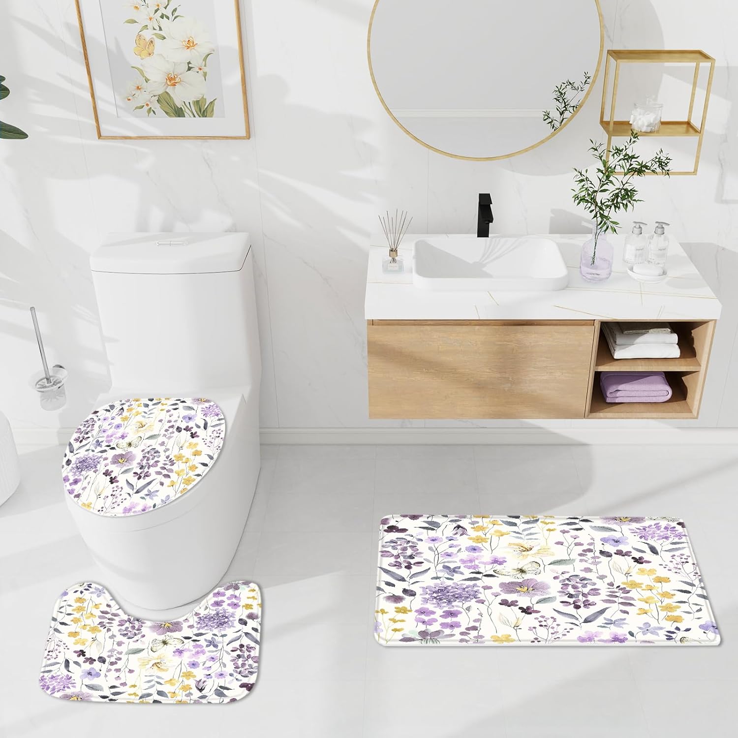 Litabel 4 Pcs Purple Watercolor Floral Shower Curtain Sets, Purple Shower Curtains with Flower Plant Leaves and Rugs for Spring Summer Bathroom Decor, Botanical Modern Farmhouse Rustic Bathroom Set