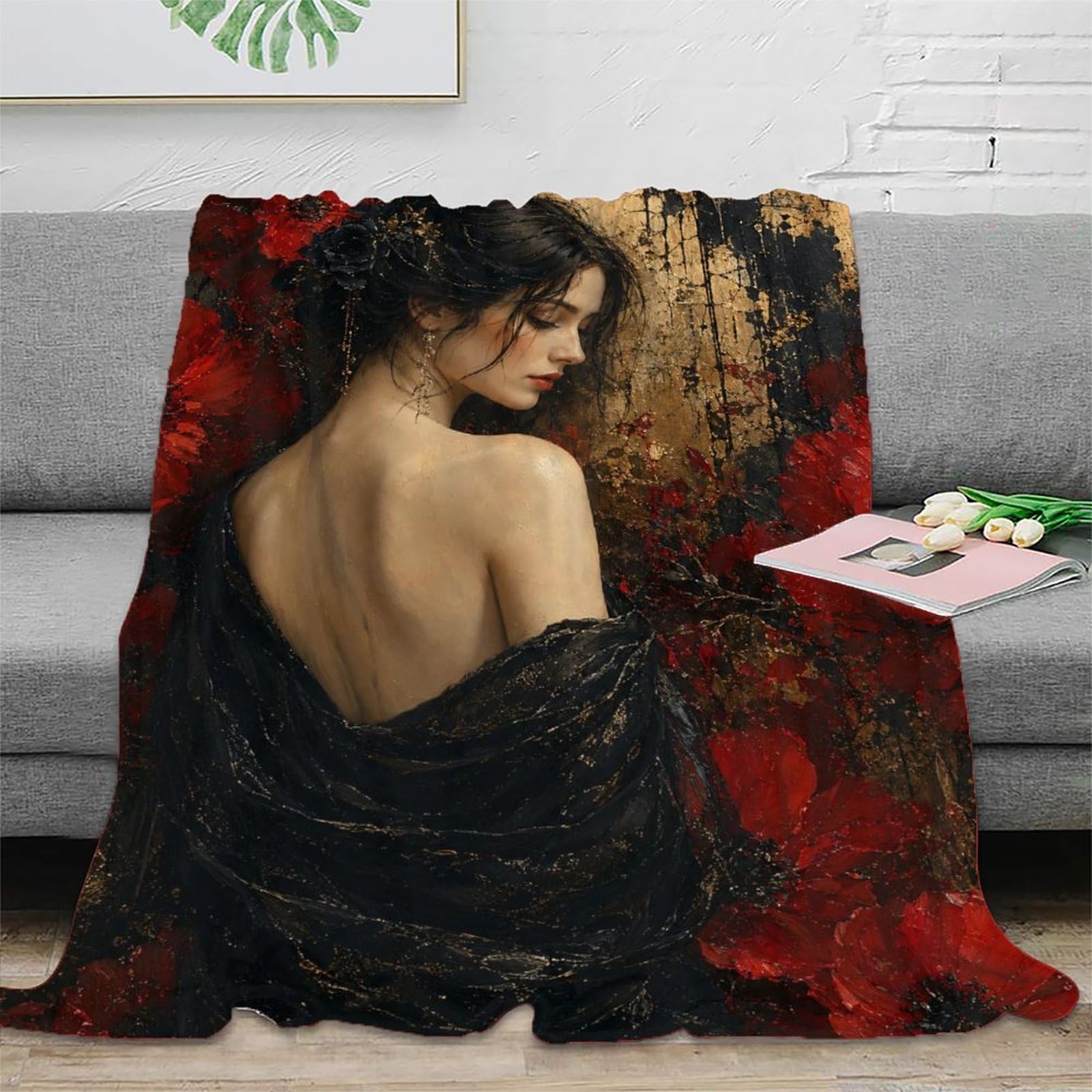 W7C8U2X3 Red Poppy Woman Portrait Blanket, Flannel, Nap, Natural Plant Art