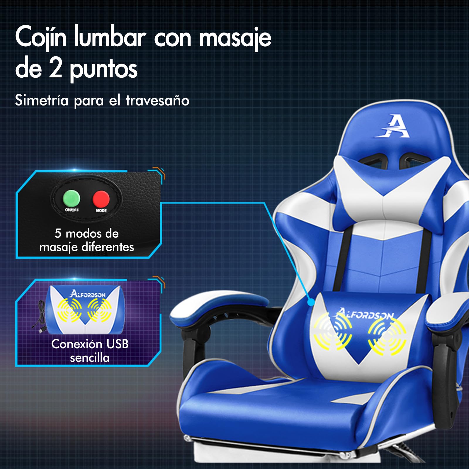 ALFORDSON Silla para Videojuegos, Silla de Escritorio de Oficina ergonómica, Silla de Carreras con Masaje, reposapiés retráctil, Capacidad de 180kg, Cuero de PU, Azul y Blanco