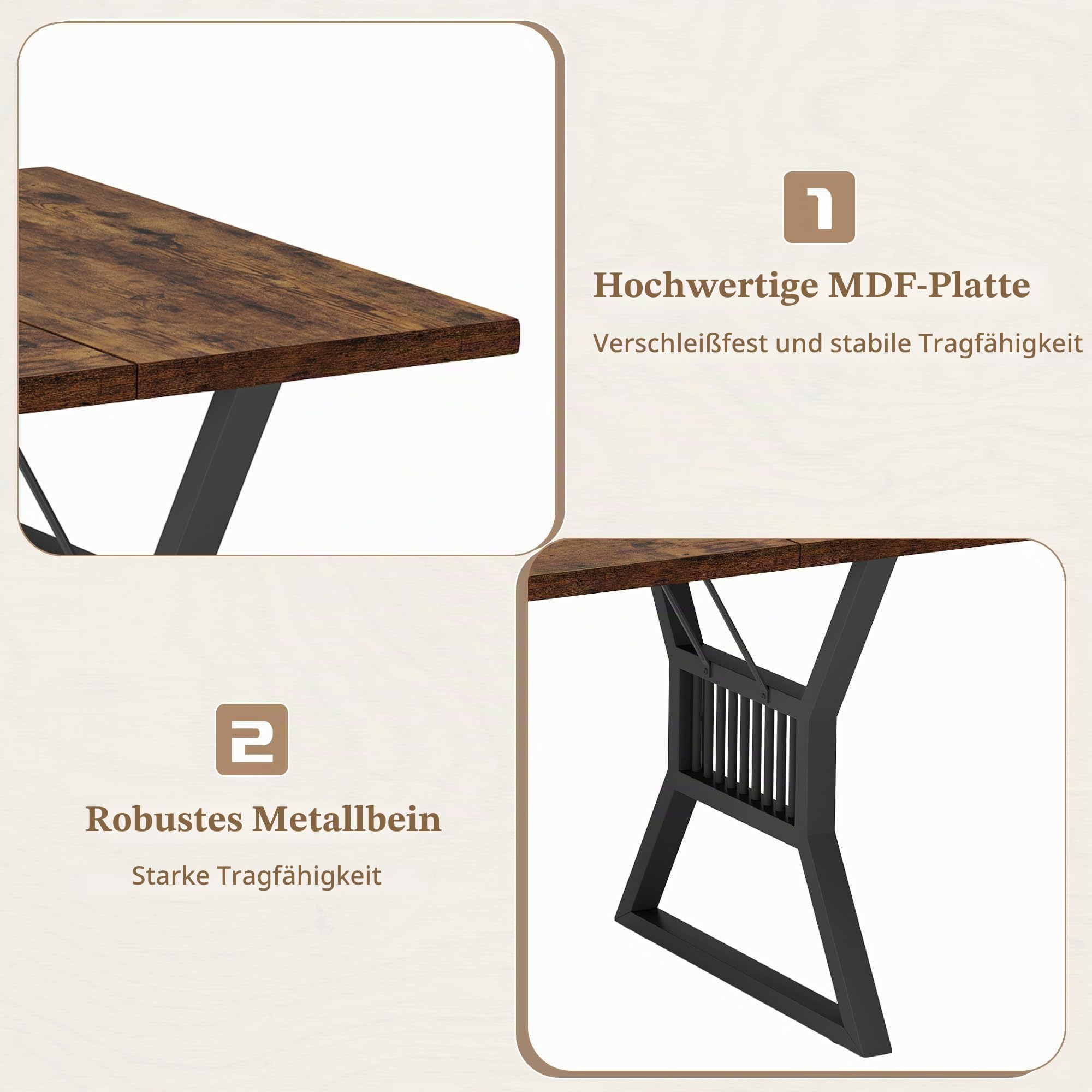 Esstisch Rechteckiger Küchentisch Für 6–8 Personen, Esszimmertisch Mit Stahl Metallgestell & Holz Tischplatte Für Esszimmer, Küche, Wohnzimmer, 180 x 75 x 75 cm