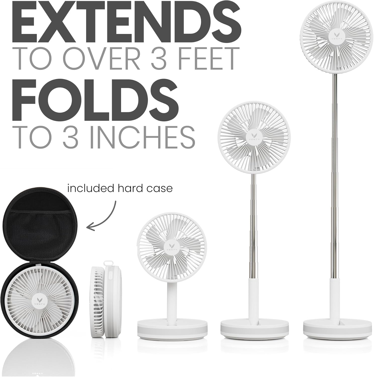 VENTY Portable Fan showing its ability to extend to over 3 feet and fold to 3 inches, with its hard case