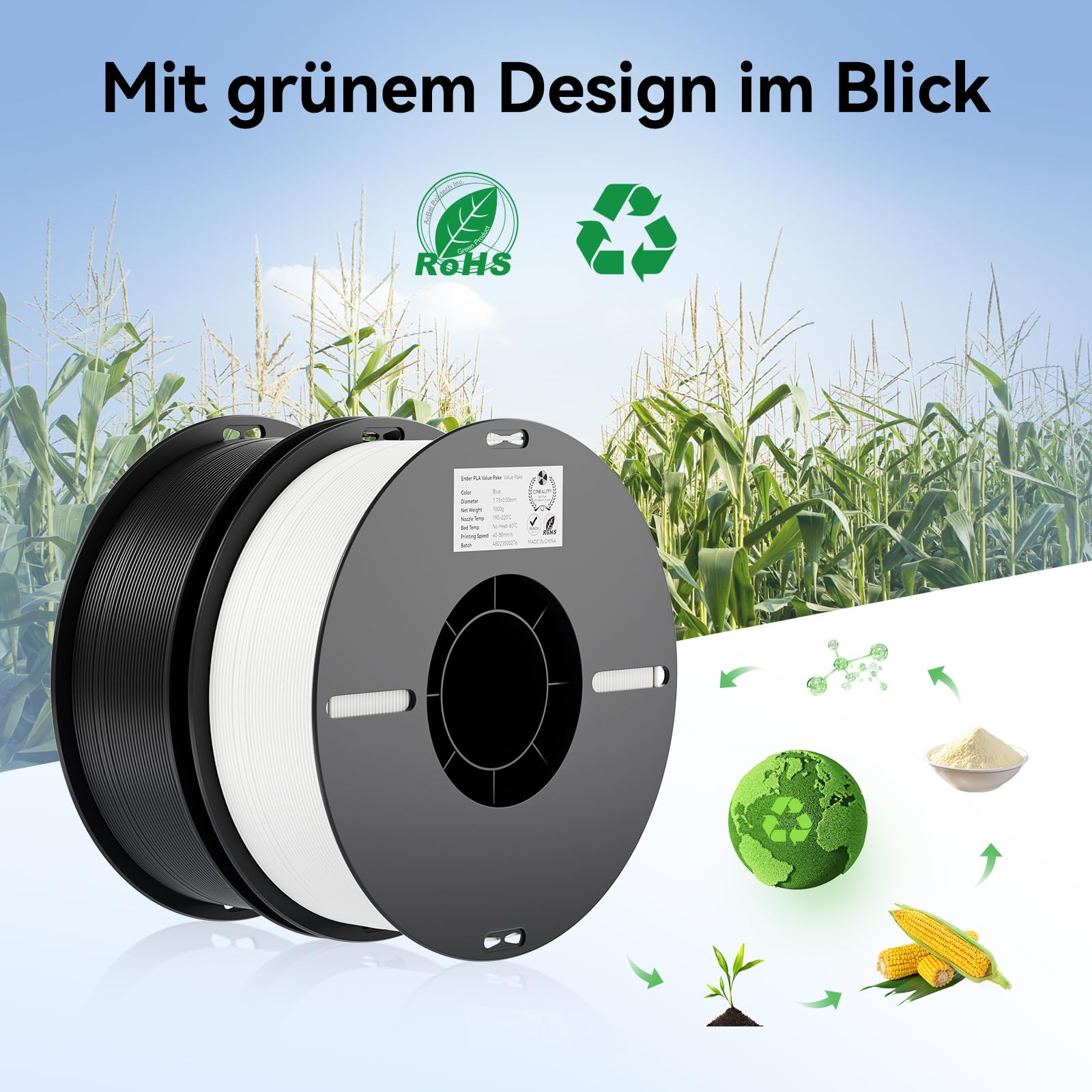 Creality Ender PLA Filament 1,75mm, Schwarz & Weiß, 2er-Pack 1kg Spulen, Maßgenauigkeit ±0,03mm, PLA Filament für 3D-Drucker, kompatibel mit FFF Druckern, hohe Druckqualität