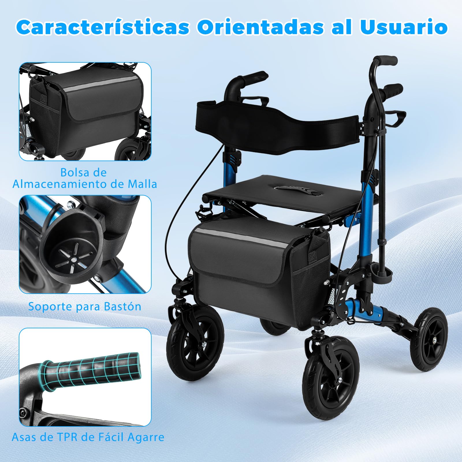 COSTWAY 2 en 1 Andador para Ancianos Plegable, Andadores Adultos con Asiento, Respaldo, Suspensión de Muelles, Soporte para Bastón, Almacenamiento, Caminadores para Mayores con 4 Ruedas (azul)