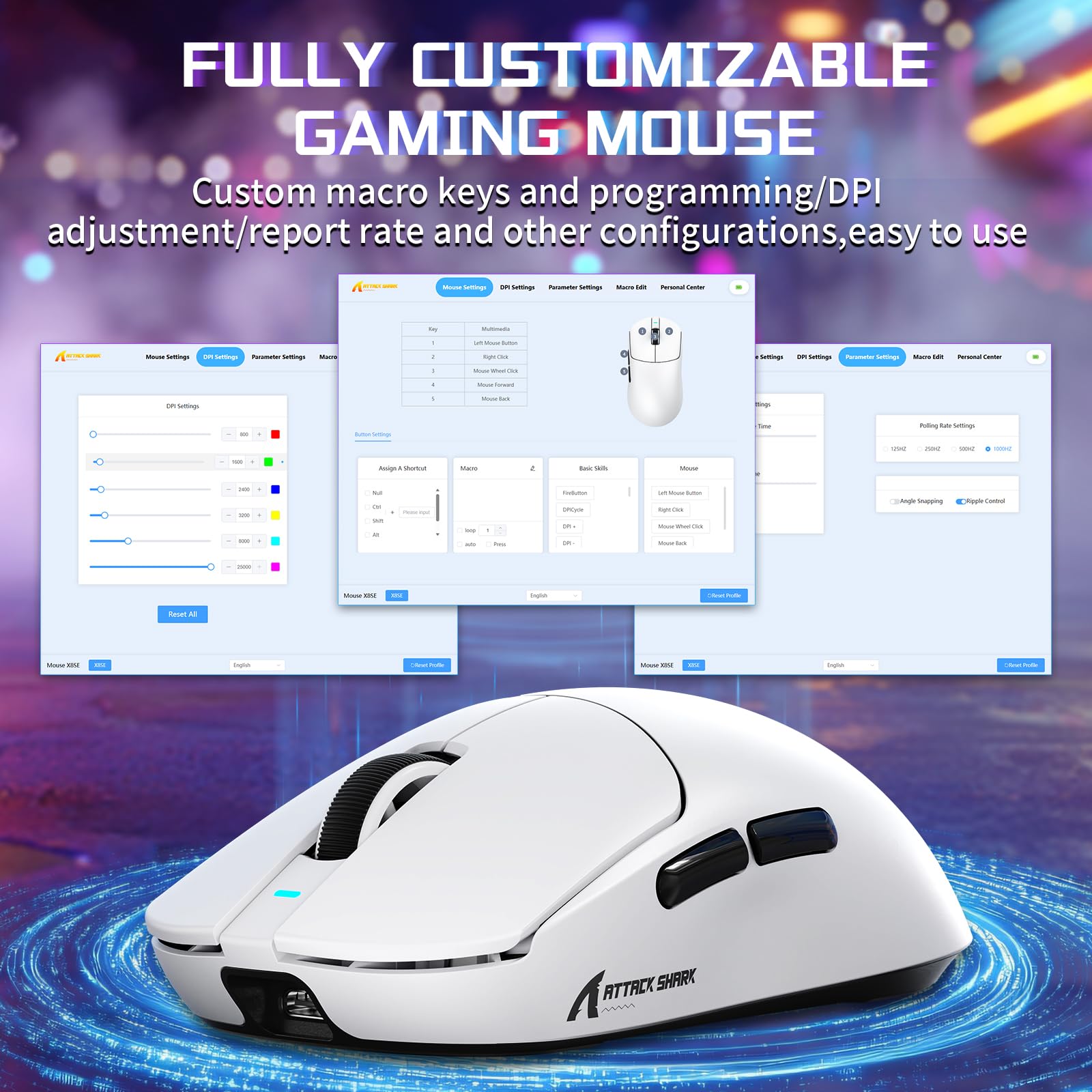 MAMBASNAKE X ATTACK SHARK X8SE 55g Souris gaming sans fil ultra-légère-Jusqu'à 25000DPI,capteur PAW3311,trimode BT/2,4G/USB-C,80 millions de clics,accélération 40G,500mAh,pilote web,pour Win/Mac-Blanc