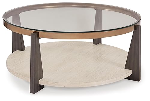 Frazwa Round Glasstop Coffee Table, Gray/Brown/Gold